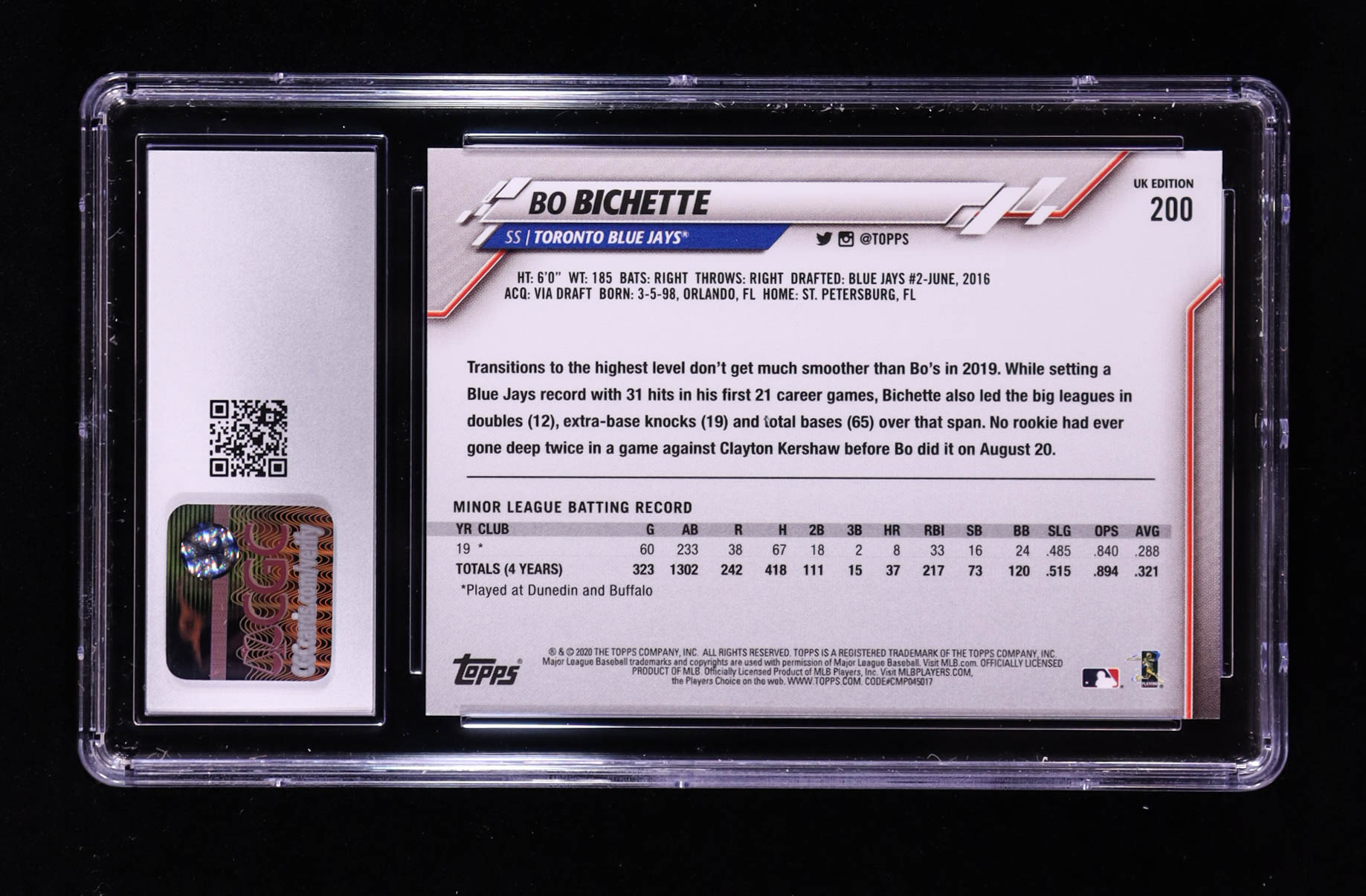 Bo Bichette 2020 Topps UK #200 RC (CGC 10) at PristineAuction.com Bo Bichette 2020 Topps UK #200 RC (CGC 10) at PristineAuction.com