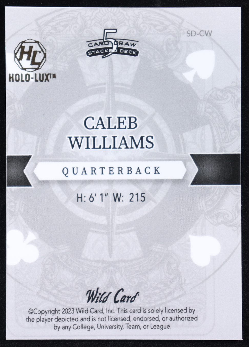 Caleb Williams 2023 Wild Card 5 Card Draw Stacked Deck Ace of Hearts Crystal Purple #CW RC #2/4 at PristineAuction.com Caleb Williams 2023 Wild Card 5 Card Draw Stacked Deck Ace of Hearts Crystal Purple #CW RC #2/4 at PristineAuction.com