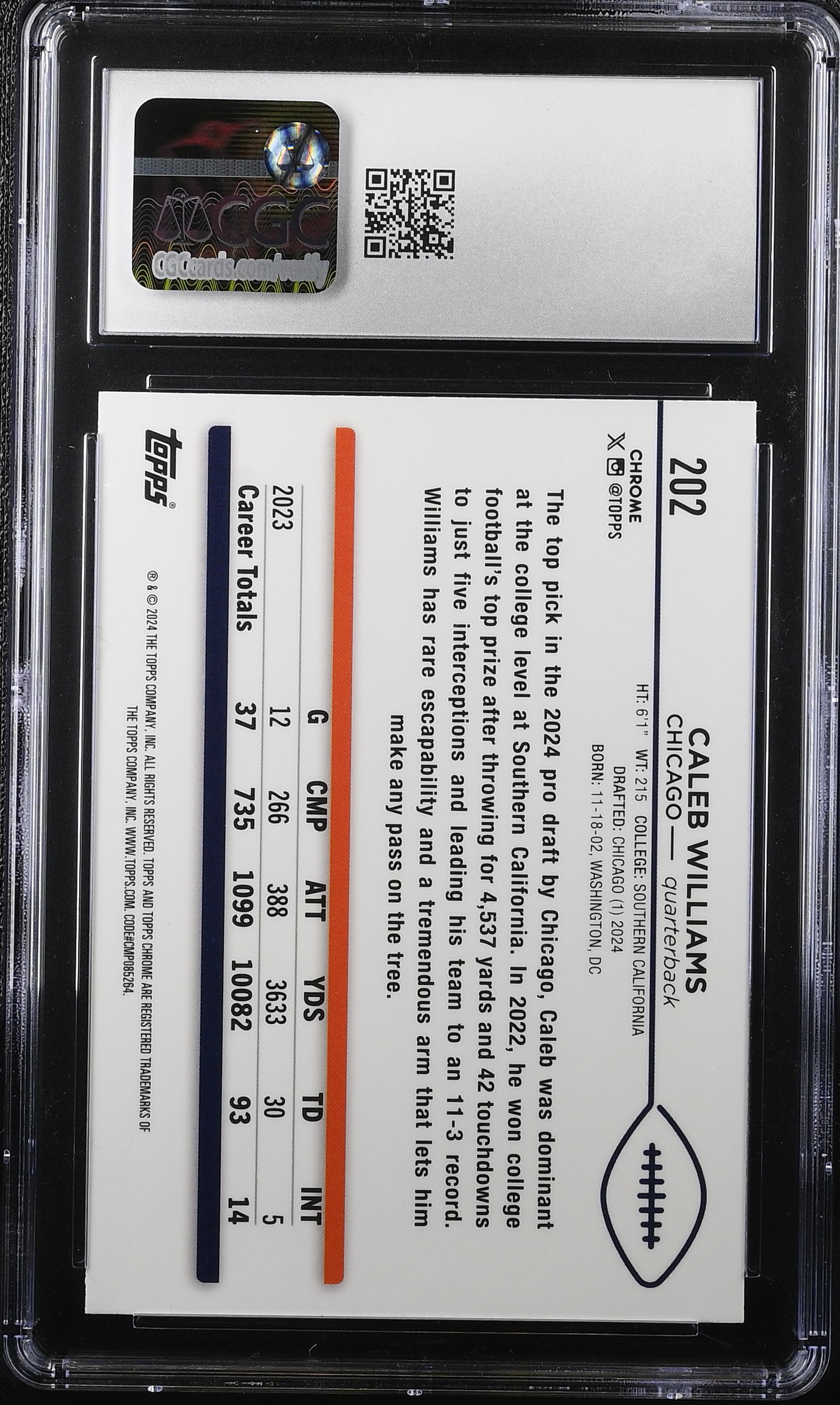 Caleb Williams 2024 Topps Chrome #202 RC (CGC 9.5) at PristineAuction.com Caleb Williams 2024 Topps Chrome #202 RC (CGC 9.5) at PristineAuction.com