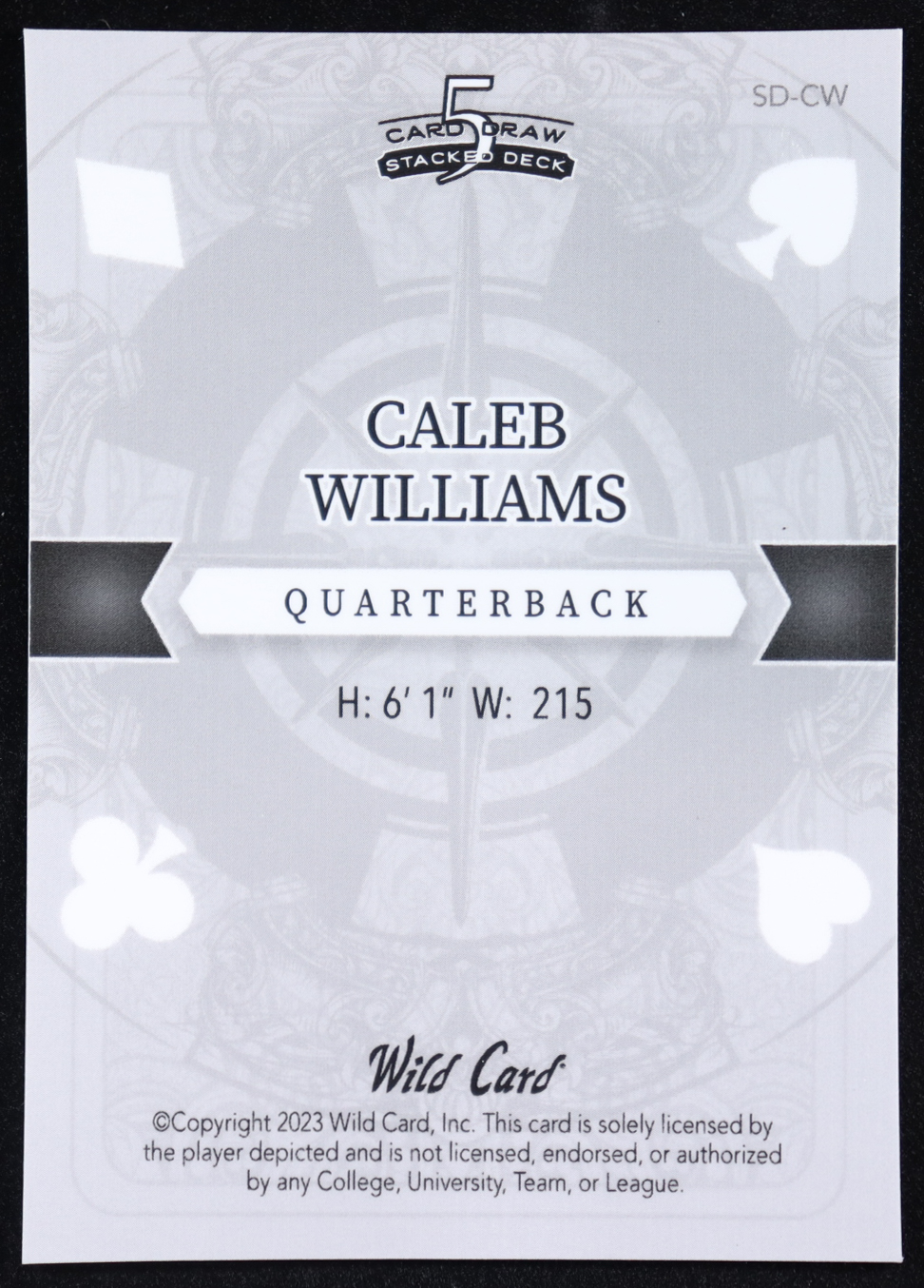 Caleb Williams 2023 Wild Card 5 Card Draw Stacked Deck Queen of Clubs Holo Blue #CW RC #1/2 at PristineAuction.com Caleb Williams 2023 Wild Card 5 Card Draw Stacked Deck Queen of Clubs Holo Blue #CW RC #1/2 at PristineAuction.com