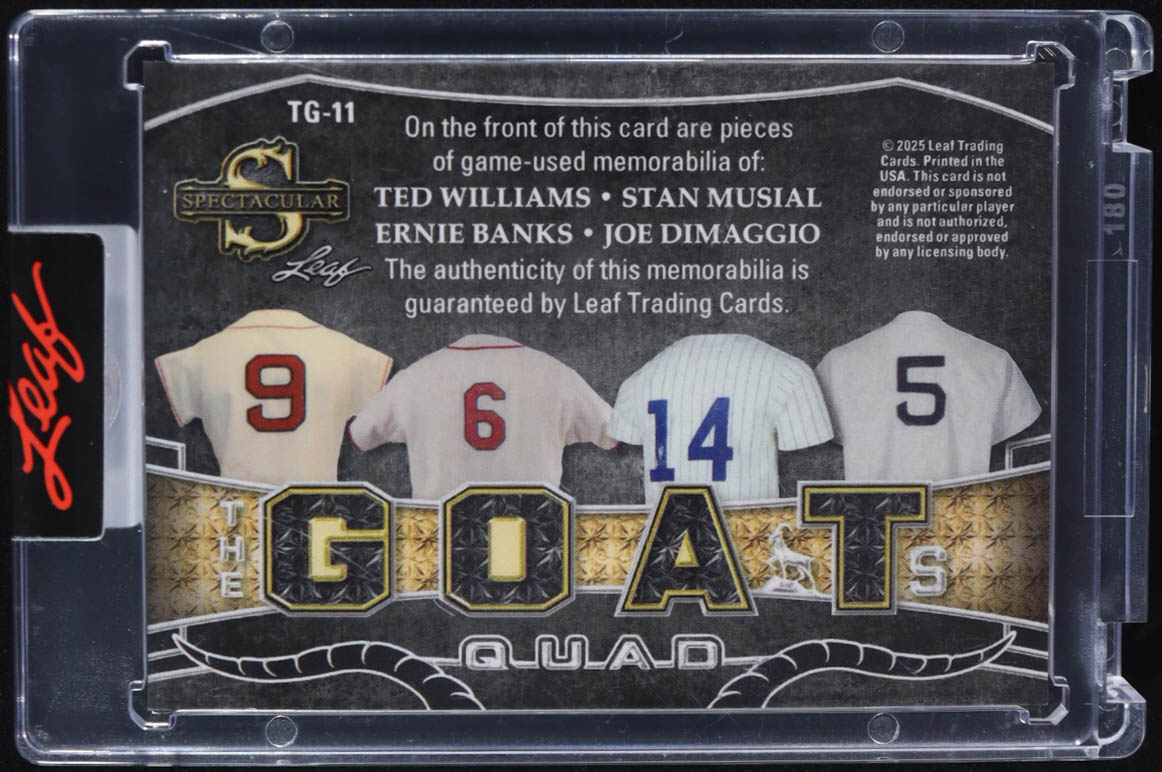 Ted Williams / Stan Musial / Ernie Banks / Joe DiMaggio 2025 Leaf Spectacular The GOATs Quad Silver #TG11 #2/15 at PristineAuction.com Ted Williams / Stan Musial / Ernie Banks / Joe DiMaggio 2025 Leaf Spectacular The GOATs Quad Silver #TG11 #2/15 at PristineAuction.com