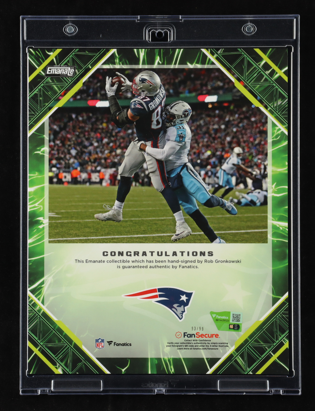 Rob Gronkowski Signed LE 2025 8x10 Under Wraps Emanate Autographs Green #93/99 (Fanatics) at PristineAuction.com Rob Gronkowski Signed LE 2025 8x10 Under Wraps Emanate Autographs Green #93/99 (Fanatics) at PristineAuction.com
