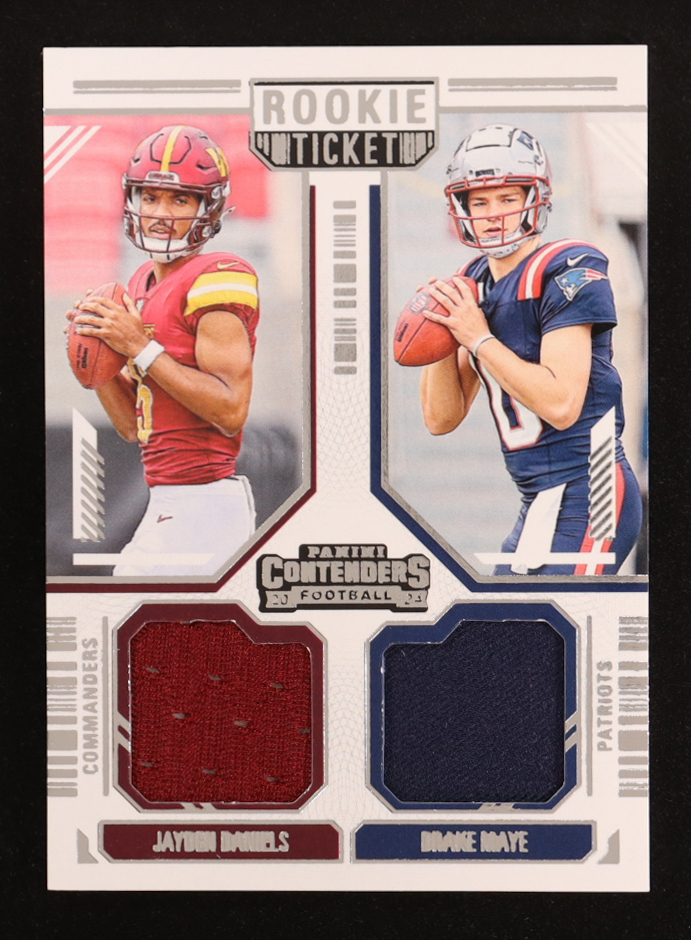 Drake Maye / Jayden Daniels 2024 Panini Contenders Rookie Ticket Dual Swatches #13 RC at PristineAuction.com Drake Maye / Jayden Daniels 2024 Panini Contenders Rookie Ticket Dual Swatches #13 RC at PristineAuction.com