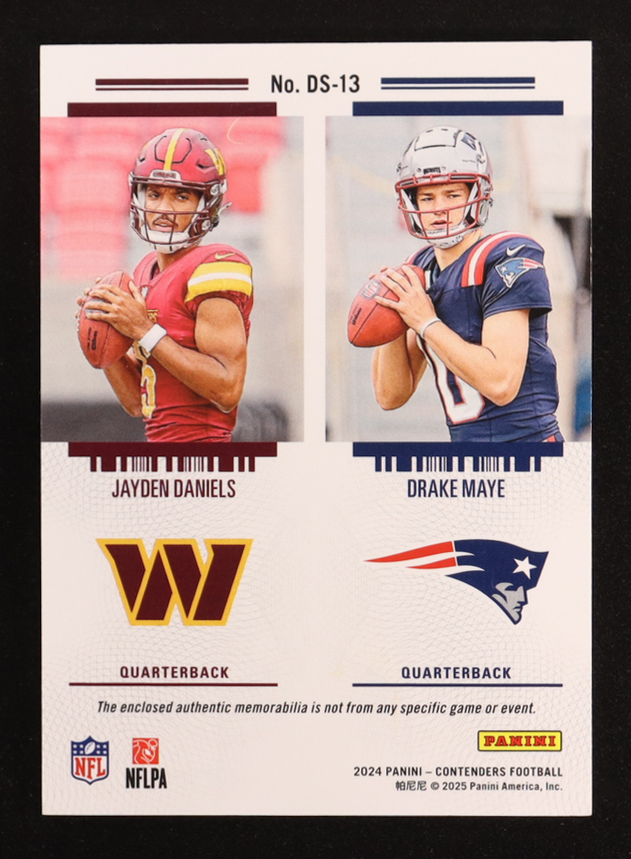 Drake Maye / Jayden Daniels 2024 Panini Contenders Rookie Ticket Dual Swatches #13 RC at PristineAuction.com Drake Maye / Jayden Daniels 2024 Panini Contenders Rookie Ticket Dual Swatches #13 RC at PristineAuction.com