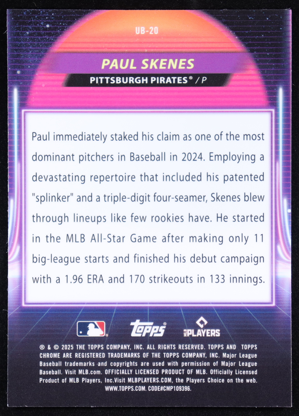 Paul Skenes 2025 Topps Cosmic Chrome Ultraviolet Beam #UB20 at PristineAuction.com Paul Skenes 2025 Topps Cosmic Chrome Ultraviolet Beam #UB20 at PristineAuction.com