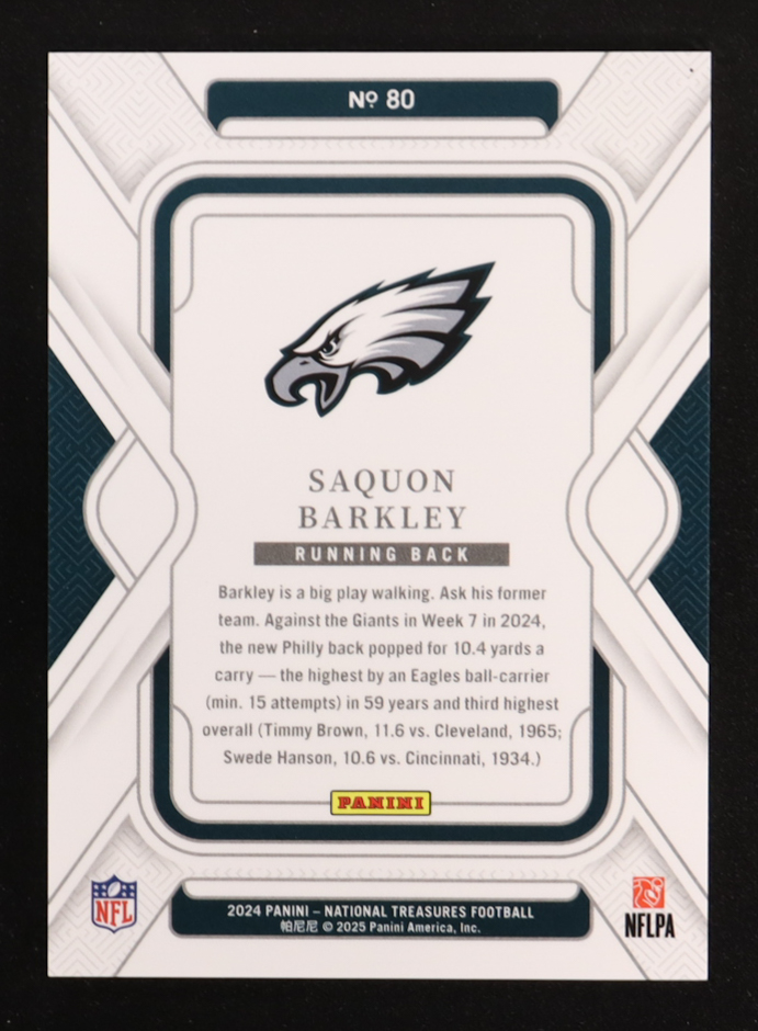 Saquon Barkley 2024 Panini National Treasures Purple #80 #13/75 at PristineAuction.com Saquon Barkley 2024 Panini National Treasures Purple #80 #13/75 at PristineAuction.com