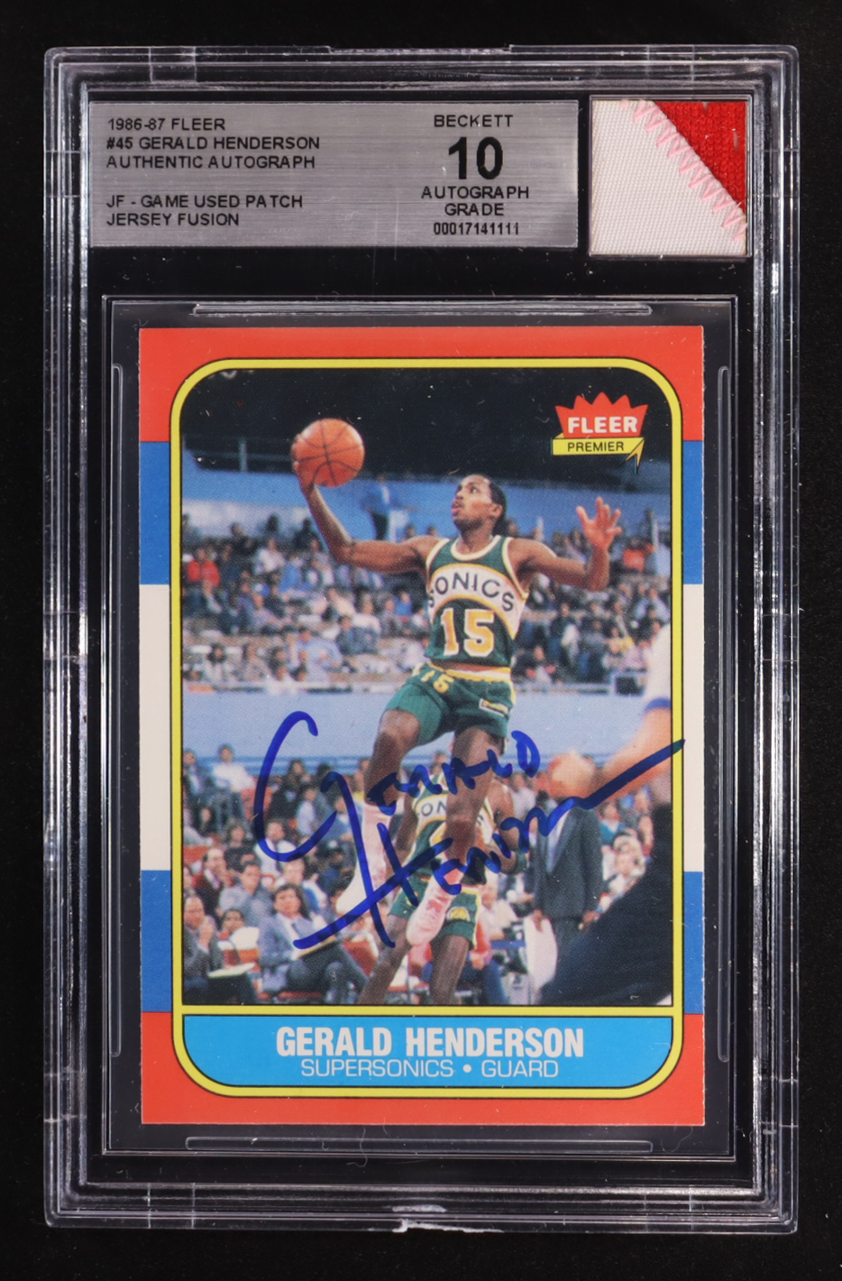 Gerald Henderson Signed 1986-87 Fleer #45 with Game-Used Patch (BGS | Autographed Graded 10) at PristineAuction.com Gerald Henderson Signed 1986-87 Fleer #45 with Game-Used Patch (BGS | Autographed Graded 10) at PristineAuction.com