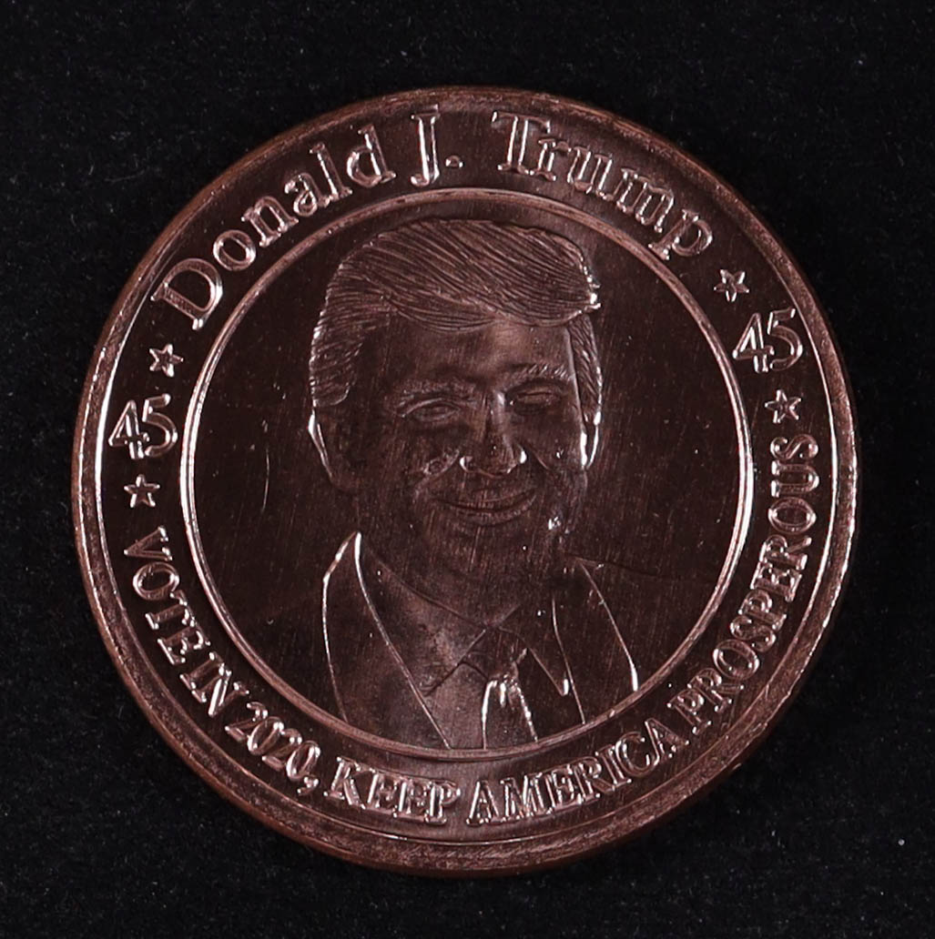 "Donald J. Trump 45 Vote in 2020 Keep America Prosperous" Design 1 Oz. .999 Copper Bullion Round at PristineAuction.com "Donald J. Trump 45 Vote in 2020 Keep America Prosperous" Design 1 Oz. .999 Copper Bullion Round at PristineAuction.com