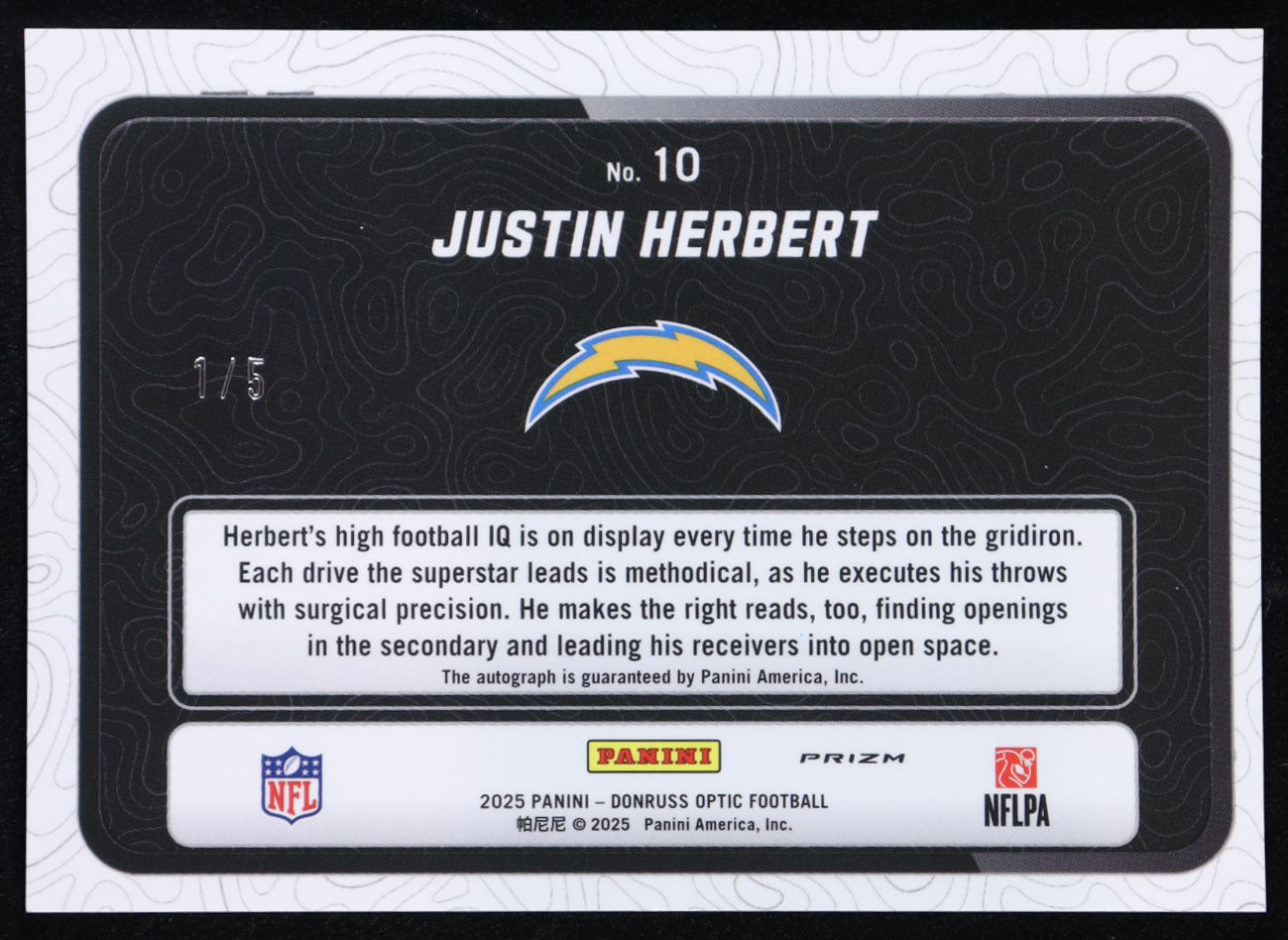 Justin Herbert 2025 Donruss Optic Passing Grade Autographs Purple Stars #10 #1/5 at PristineAuction.com Justin Herbert 2025 Donruss Optic Passing Grade Autographs Purple Stars #10 #1/5 at PristineAuction.com