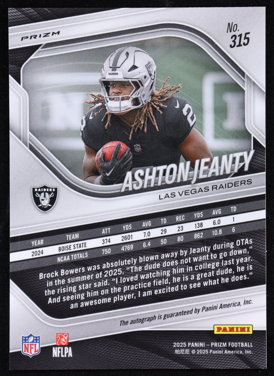 Ashton Jeanty 2025 Panini Prizm Autographs Prizms Silver #315 RC at PristineAuction.com Ashton Jeanty 2025 Panini Prizm Autographs Prizms Silver #315 RC at PristineAuction.com