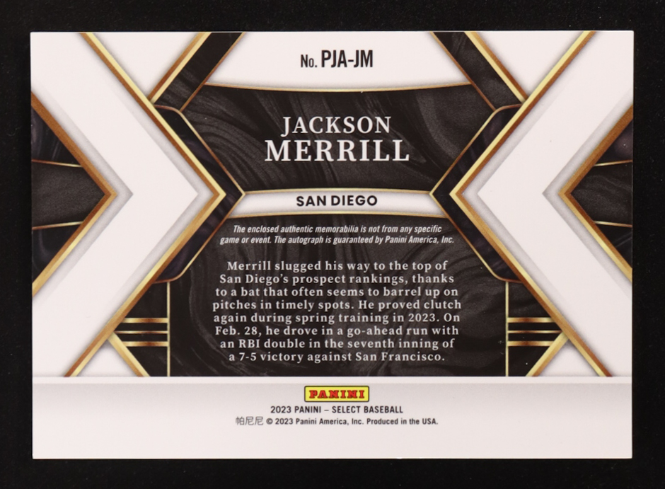 Jackson Merrill 2023 Select Rookie Jersey Autographs #59 RC at PristineAuction.com Jackson Merrill 2023 Select Rookie Jersey Autographs #59 RC at PristineAuction.com