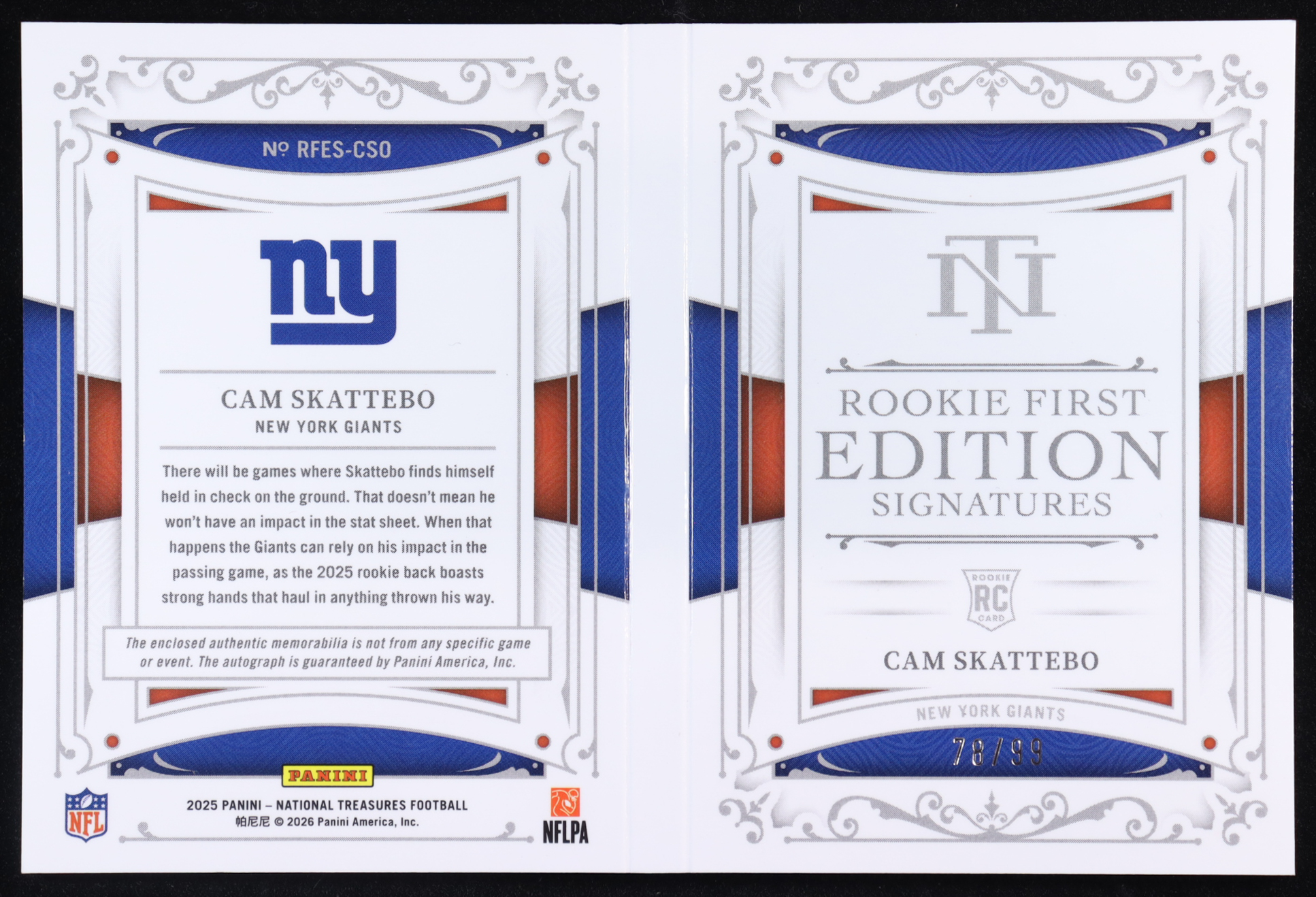 Cam Skattebo 2025 Panini National Treasures Rookie First Edition Signatures Booklet #13 #78/99 RC at PristineAuction.com Cam Skattebo 2025 Panini National Treasures Rookie First Edition Signatures Booklet #13 #78/99 RC at PristineAuction.com