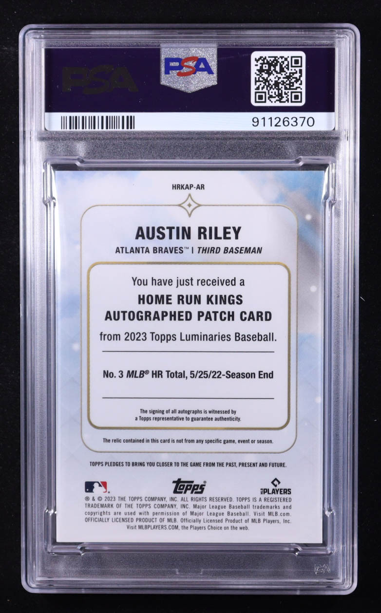 Austin Riley 2023 Topps Luminaries Home Run Kings Autograph Patches #HRKAPAR #04/15 (PSA 10) at PristineAuction.com Austin Riley 2023 Topps Luminaries Home Run Kings Autograph Patches #HRKAPAR #04/15 (PSA 10) at PristineAuction.com