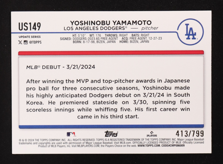 Yoshinobu Yamamoto 2024 Topps Update Purple Holo Foil #US149 RC #419/799 at PristineAuction.com Yoshinobu Yamamoto 2024 Topps Update Purple Holo Foil #US149 RC #419/799 at PristineAuction.com
