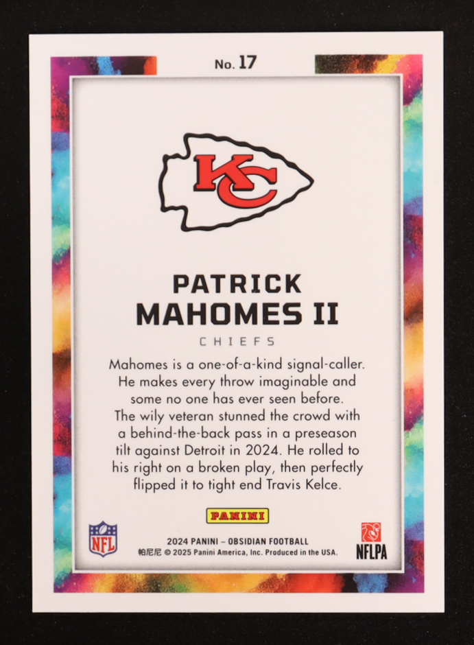 Patrick Mahomes II 2024 Panini Obsidian Black Color Blast #17 at PristineAuction.com Patrick Mahomes II 2024 Panini Obsidian Black Color Blast #17 at PristineAuction.com