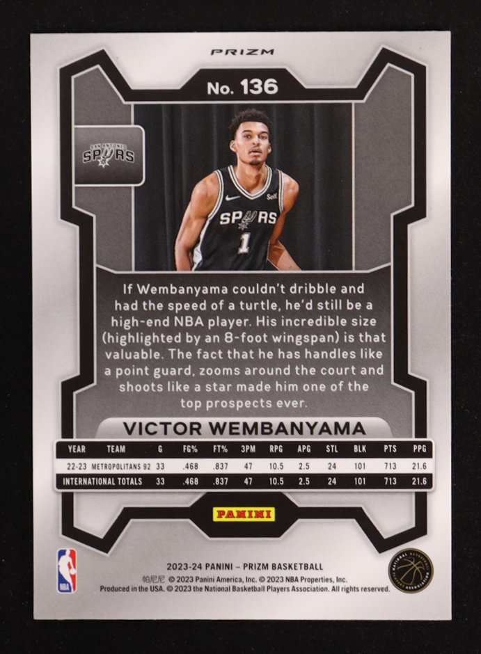 Victor Wembanyama 2023-24 Panini Prizm Prizms Red White and Blue #136 RC at PristineAuction.com Victor Wembanyama 2023-24 Panini Prizm Prizms Red White and Blue #136 RC at PristineAuction.com