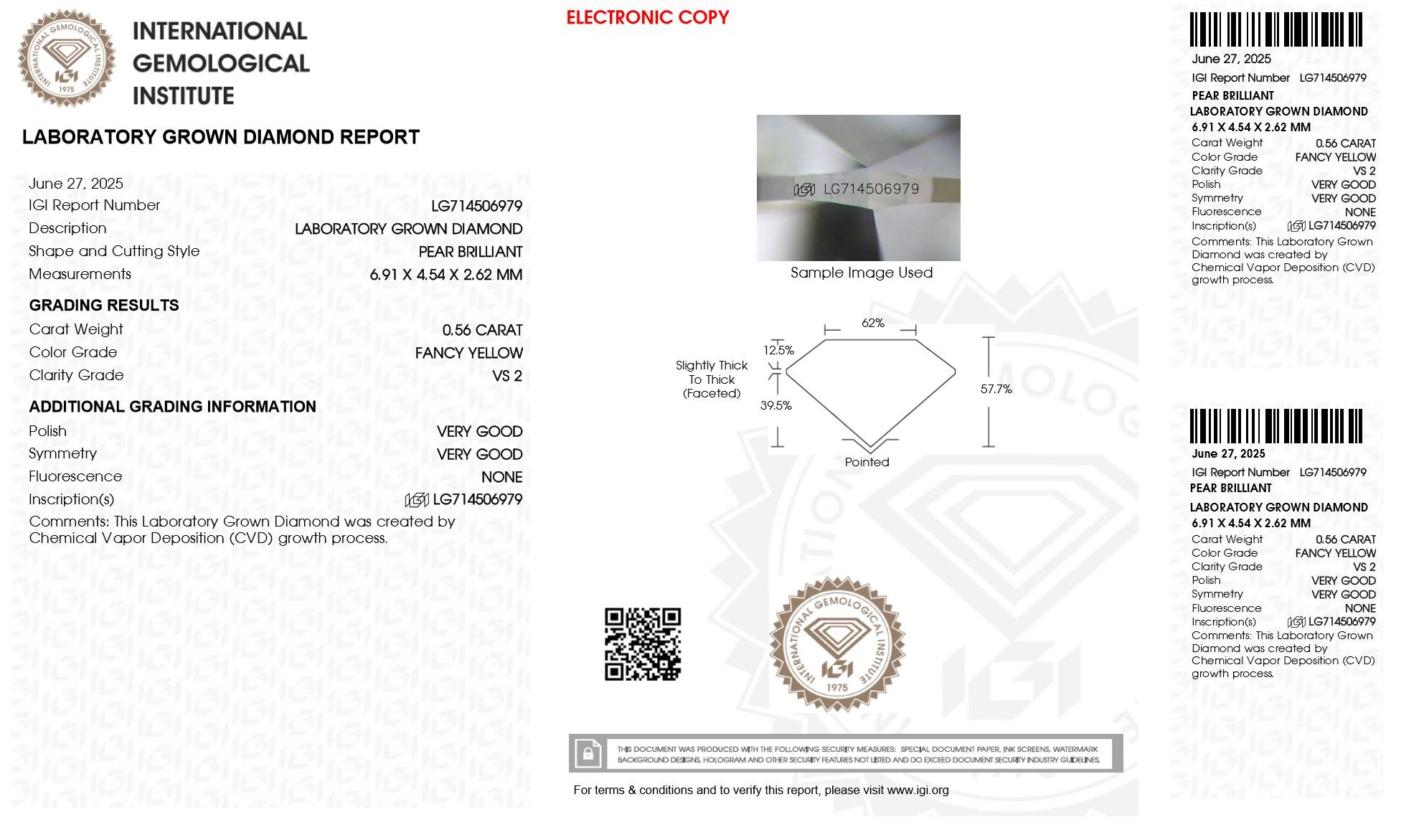 .56 Carats Lab Grown FANCY YELLOW Diamond Loose VS2 | IGI Cert at PristineAuction.com .56 Carats Lab Grown FANCY YELLOW Diamond Loose VS2 | IGI Cert at PristineAuction.com