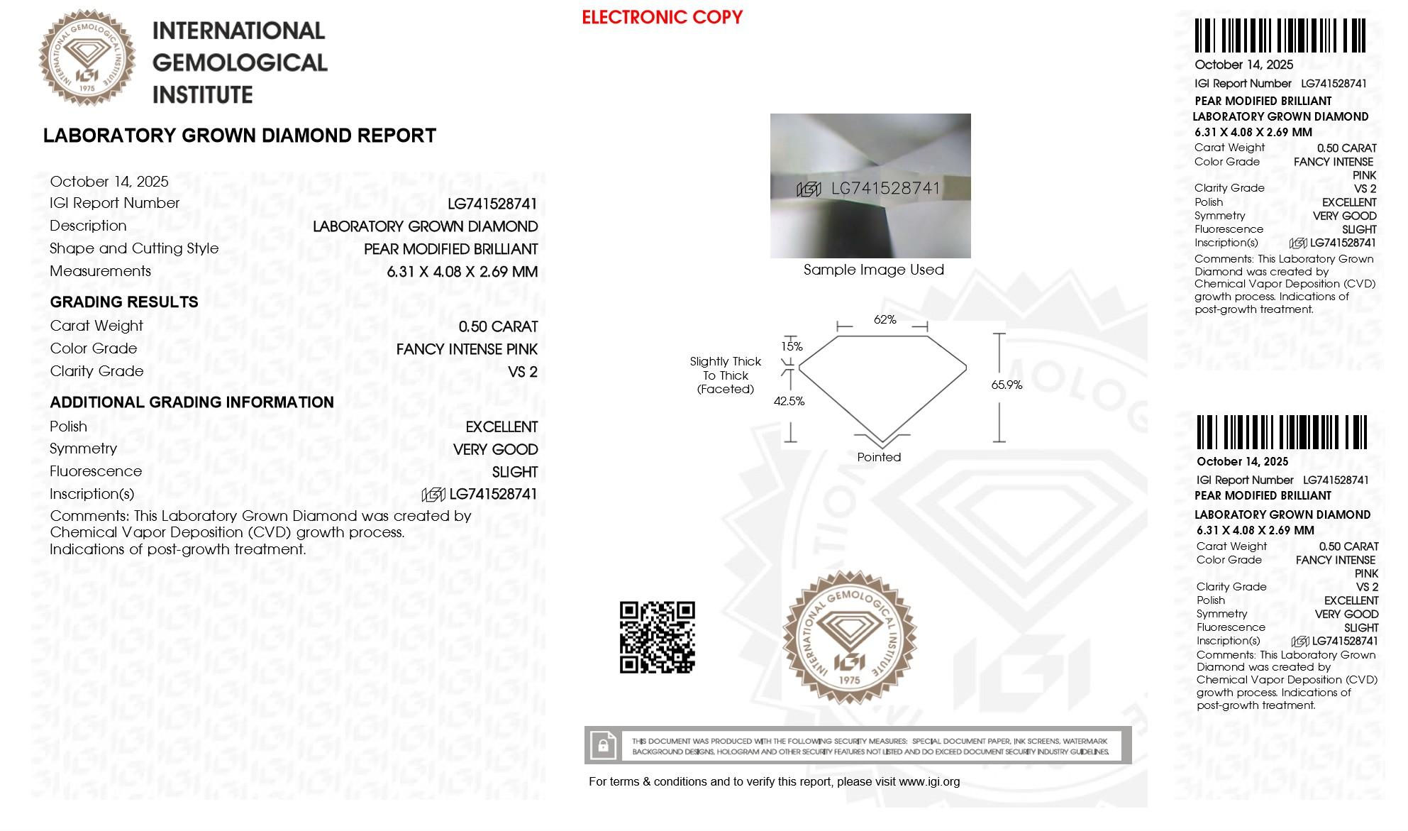 .50 Carats Lab Grown FANCY INTENSE PINK Diamond Loose VS2 | IGI Cert at PristineAuction.com .50 Carats Lab Grown FANCY INTENSE PINK Diamond Loose VS2 | IGI Cert at PristineAuction.com