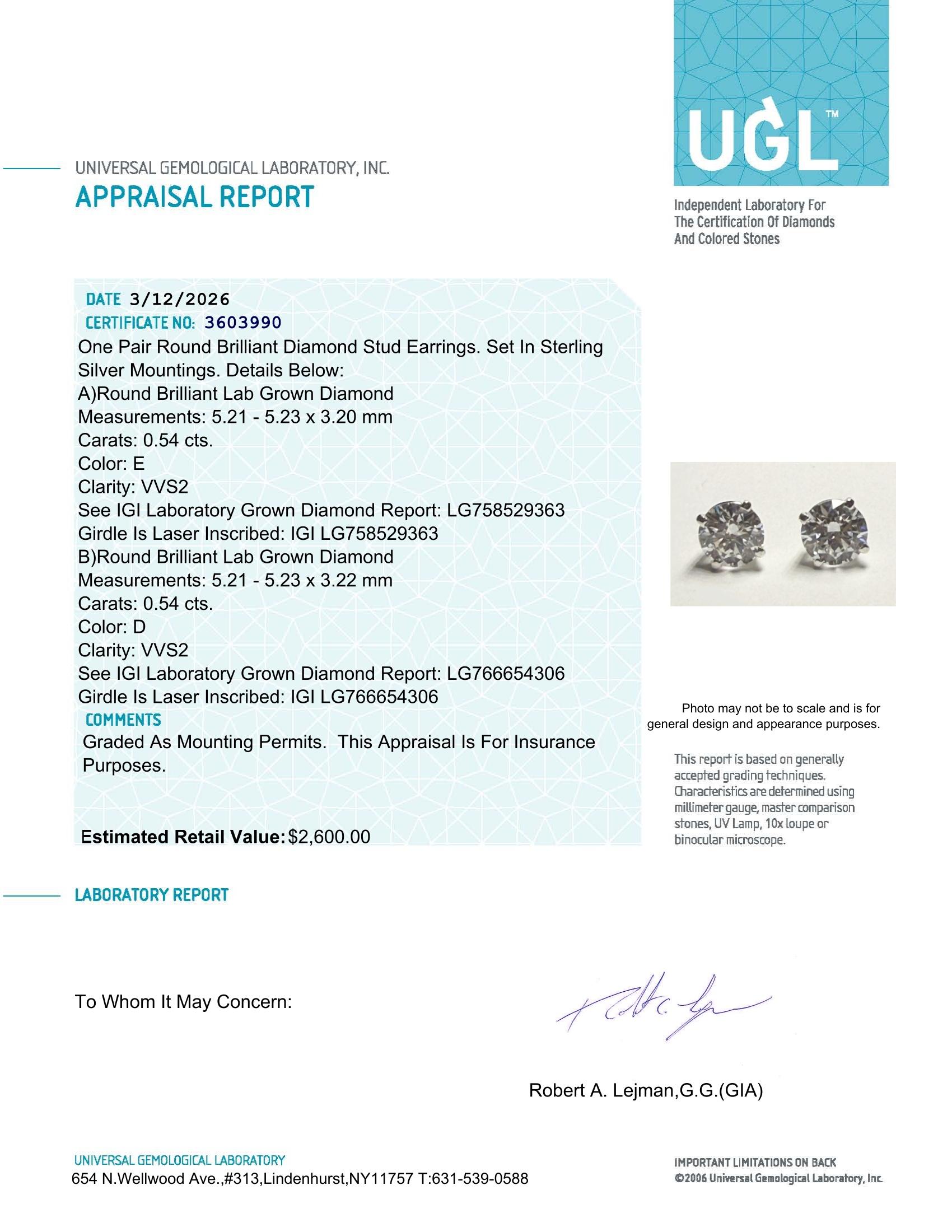 1.08 Carats Lab Grown Diamond Stud Earrings D-E, VVS2 | $2,600 Estimated Retail Value (UGL & IGI Certs) | Round Ideal Cut| Brand New at PristineAuction.com 1.08 Carats Lab Grown Diamond Stud Earrings D-E, VVS2 | $2,600 Estimated Retail Value (UGL & IGI Certs) | Round Ideal Cut| Brand New at PristineAuction.com