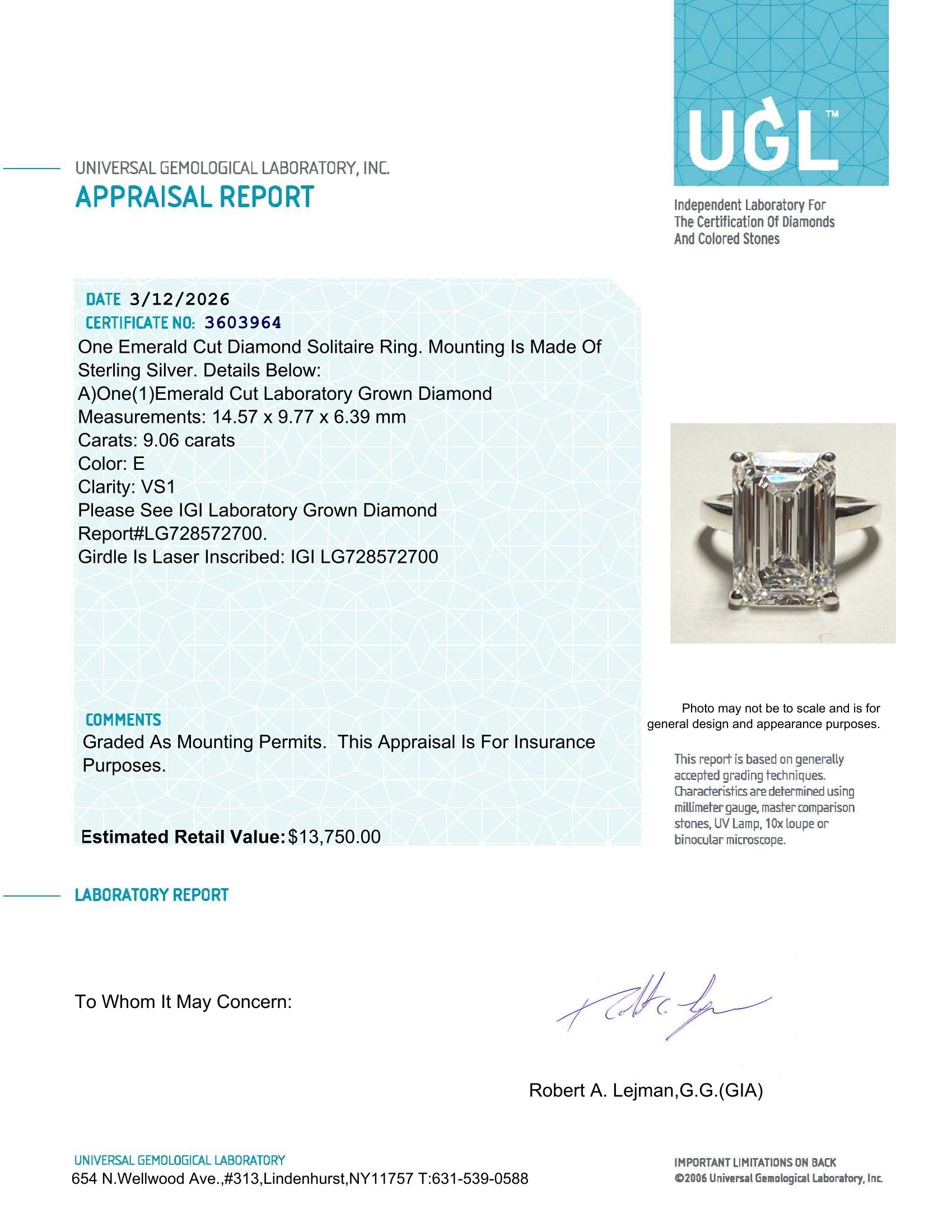 9.06 Carats Lab Grown Diamond Ring E, VS1 | $13,750 Estimated Retail Value (UGL & IGI Certs) | Emerald Cut| Brand New at PristineAuction.com 9.06 Carats Lab Grown Diamond Ring E, VS1 | $13,750 Estimated Retail Value (UGL & IGI Certs) | Emerald Cut| Brand New at PristineAuction.com