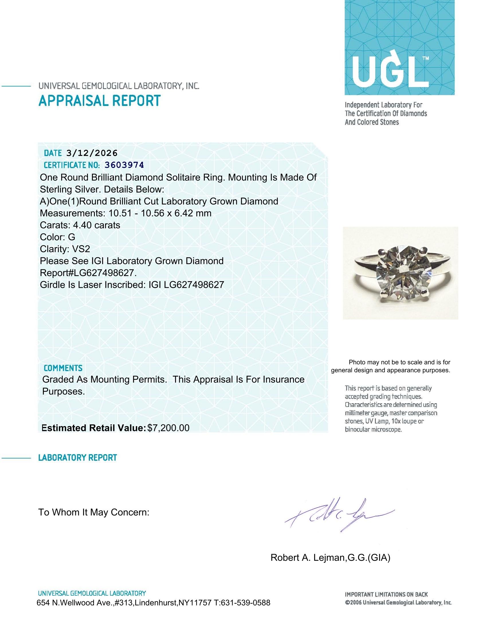 4.40 Carats Lab Grown Diamond Ring G, VS2 | $7,200 Estimated Retail Value (UGL & IGI Certs) | Round Ideal Cut| Brand New at PristineAuction.com 4.40 Carats Lab Grown Diamond Ring G, VS2 | $7,200 Estimated Retail Value (UGL & IGI Certs) | Round Ideal Cut| Brand New at PristineAuction.com