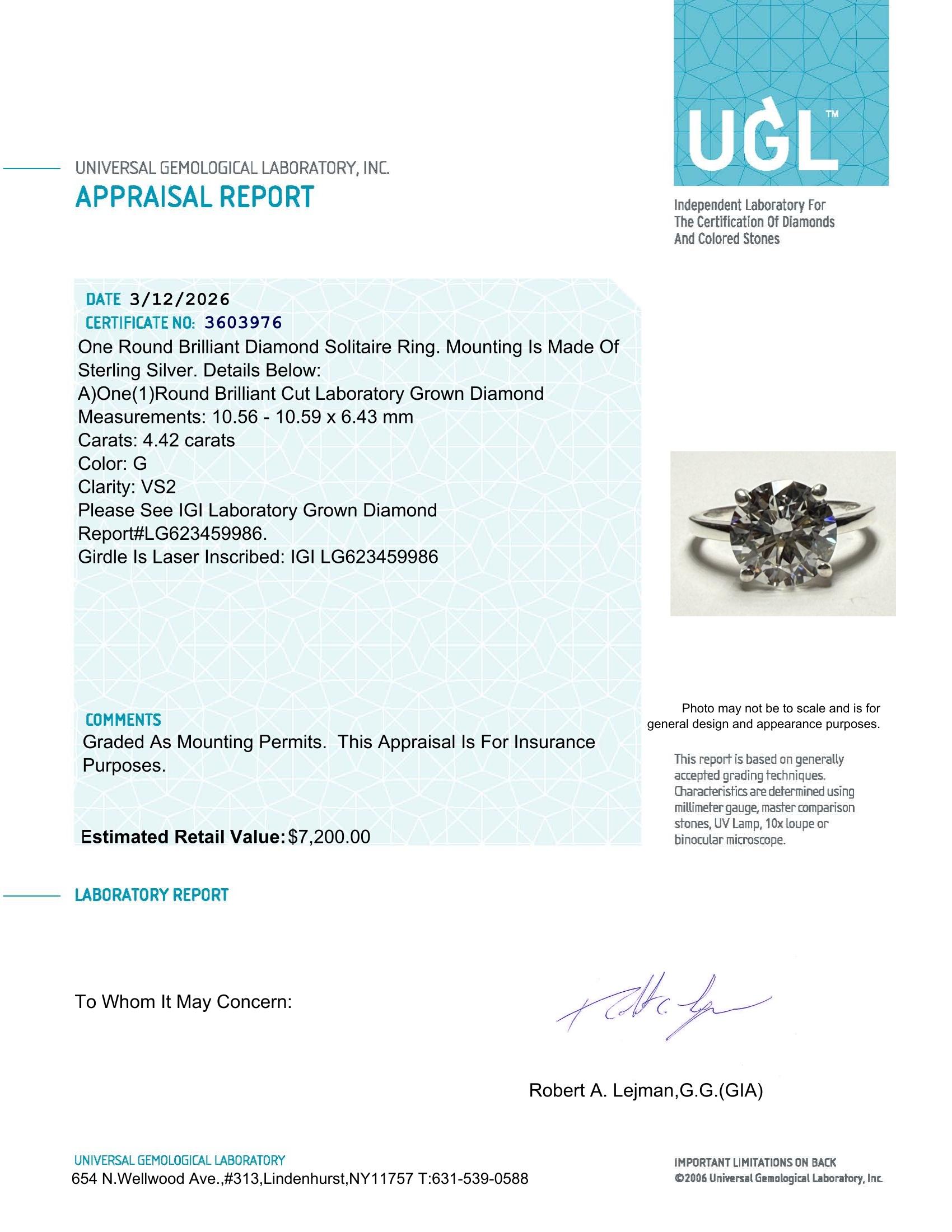 4.42 Carats Lab Grown Diamond Ring G, VS2 | $7,200 Estimated Retail Value (UGL & IGI Certs) | Round Ideal Cut| Brand New at PristineAuction.com 4.42 Carats Lab Grown Diamond Ring G, VS2 | $7,200 Estimated Retail Value (UGL & IGI Certs) | Round Ideal Cut| Brand New at PristineAuction.com
