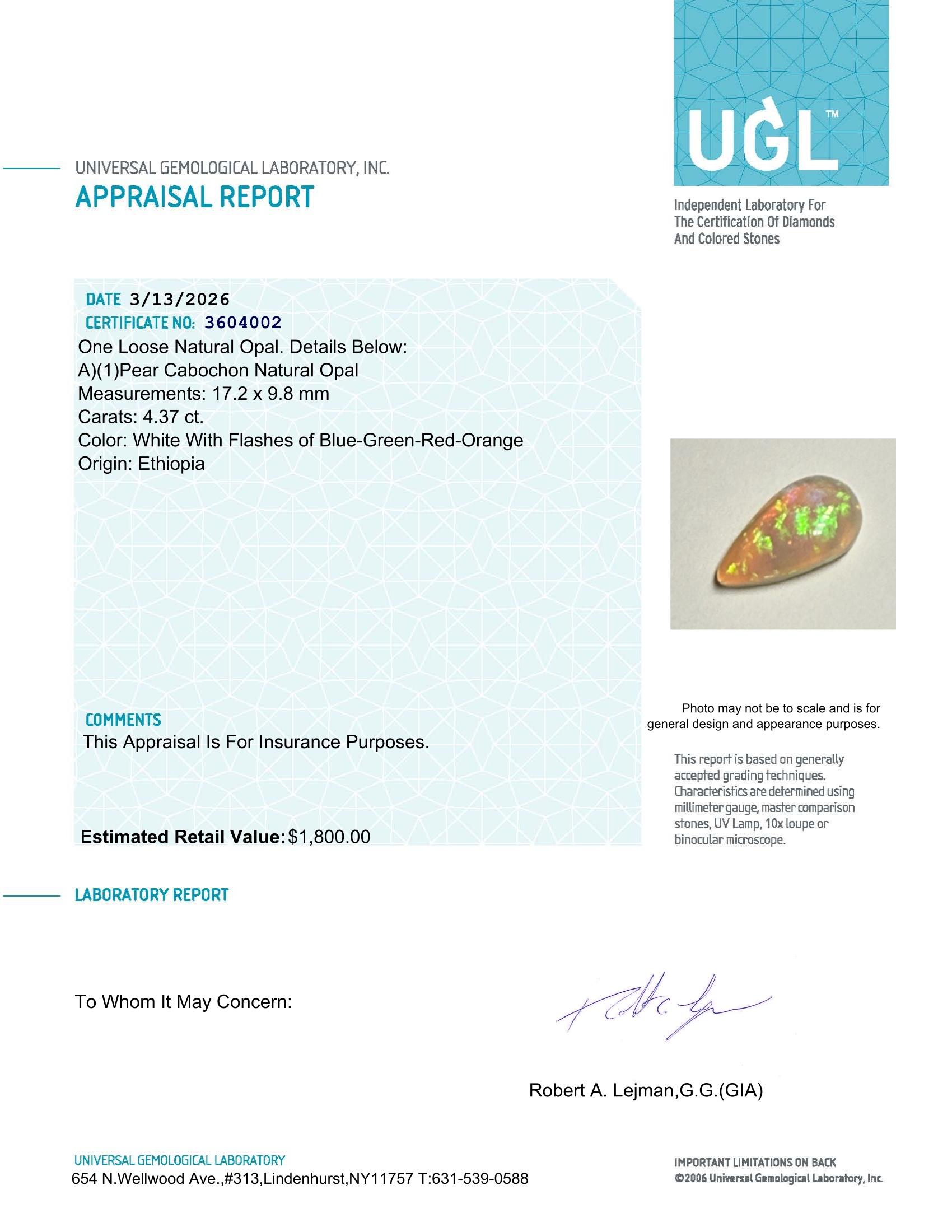 4.37 Carats Natural Opal Loose | $1,800 Estimated Retail Value (UGL Cert) at PristineAuction.com 4.37 Carats Natural Opal Loose | $1,800 Estimated Retail Value (UGL Cert) at PristineAuction.com