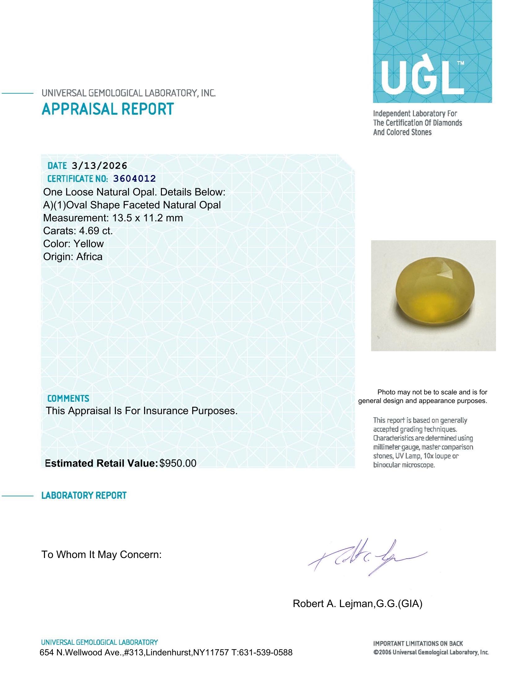 4.69 Carats Natural Yellow Opal Loose | $950 Estimated Retail Value (UGL Cert) at PristineAuction.com 4.69 Carats Natural Yellow Opal Loose | $950 Estimated Retail Value (UGL Cert) at PristineAuction.com