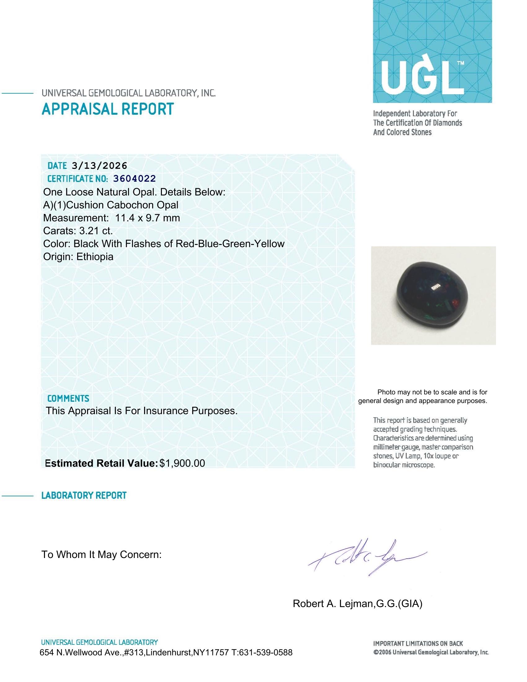 3.21 Carats Natural Black Opal Loose | $1,900 Estimated Retail Value (UGL Cert) at PristineAuction.com 3.21 Carats Natural Black Opal Loose | $1,900 Estimated Retail Value (UGL Cert) at PristineAuction.com