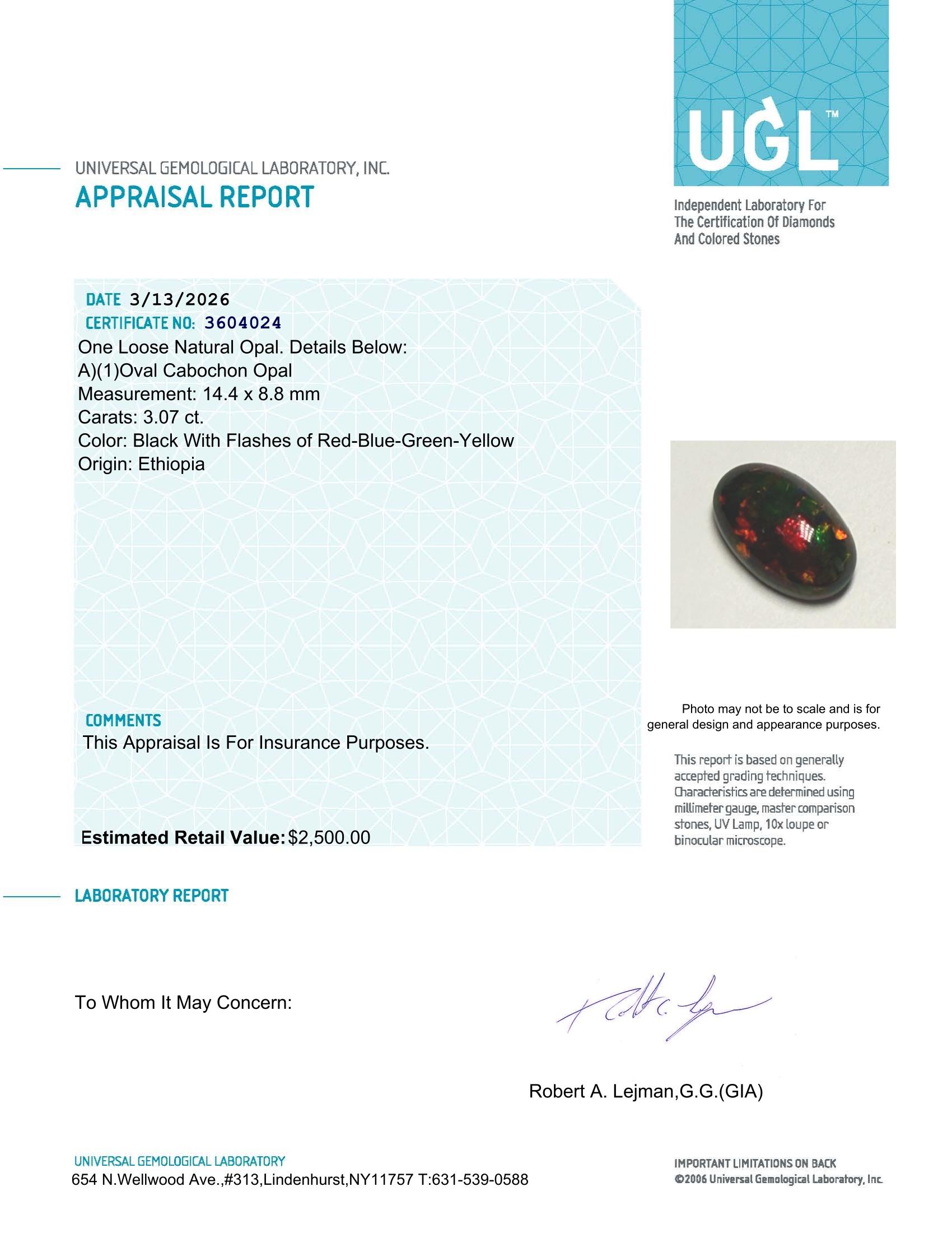 3.07 Carats Natural Black Opal Loose | $2,500 Estimated Retail Value (UGL Cert) at PristineAuction.com 3.07 Carats Natural Black Opal Loose | $2,500 Estimated Retail Value (UGL Cert) at PristineAuction.com