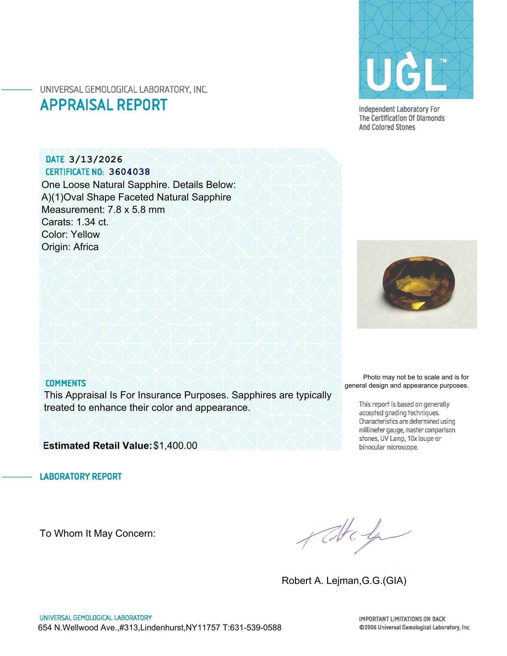 1.34 Carats Natural Yellow Sapphire Loose | $1,400 Estimated Retail Value (UGL Cert) at PristineAuction.com 1.34 Carats Natural Yellow Sapphire Loose | $1,400 Estimated Retail Value (UGL Cert) at PristineAuction.com