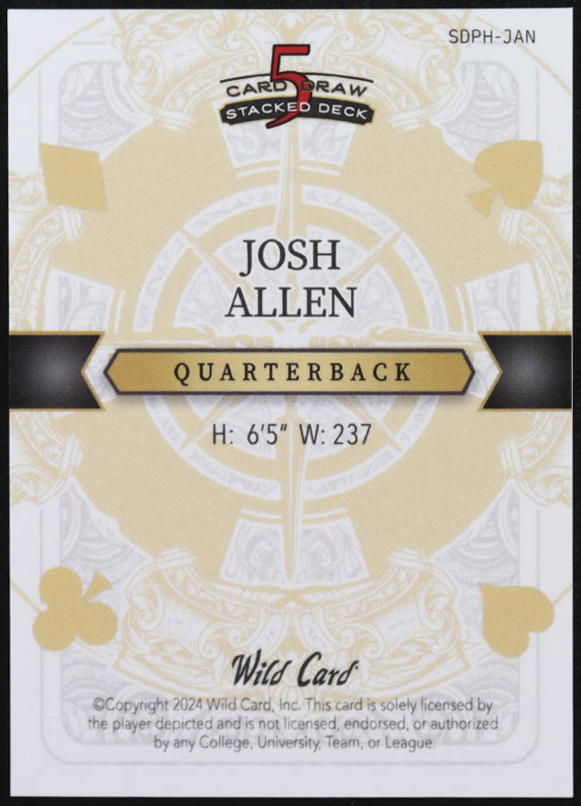Josh Allen 2024 Wild Card 5 Card Stacked Deck Joker of Hearts Blue #SDPH-JAN #1/1 at PristineAuction.com Josh Allen 2024 Wild Card 5 Card Stacked Deck Joker of Hearts Blue #SDPH-JAN #1/1 at PristineAuction.com