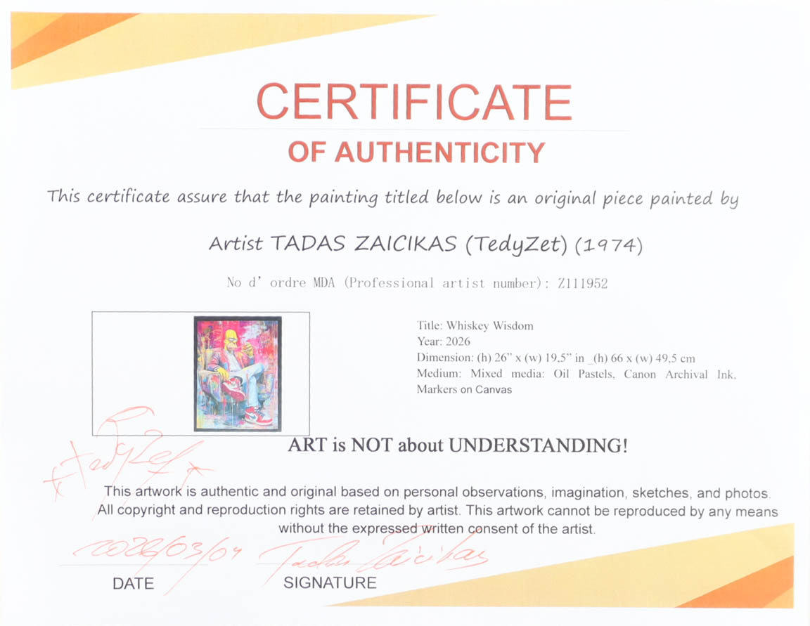 "Whiskey Wisdom" 2026 19x26 Original Painting on Canvas by Tadas Zaicikas | TedyZet (Zaicikas) at PristineAuction.com "Whiskey Wisdom" 2026 19x26 Original Painting on Canvas by Tadas Zaicikas | TedyZet (Zaicikas) at PristineAuction.com