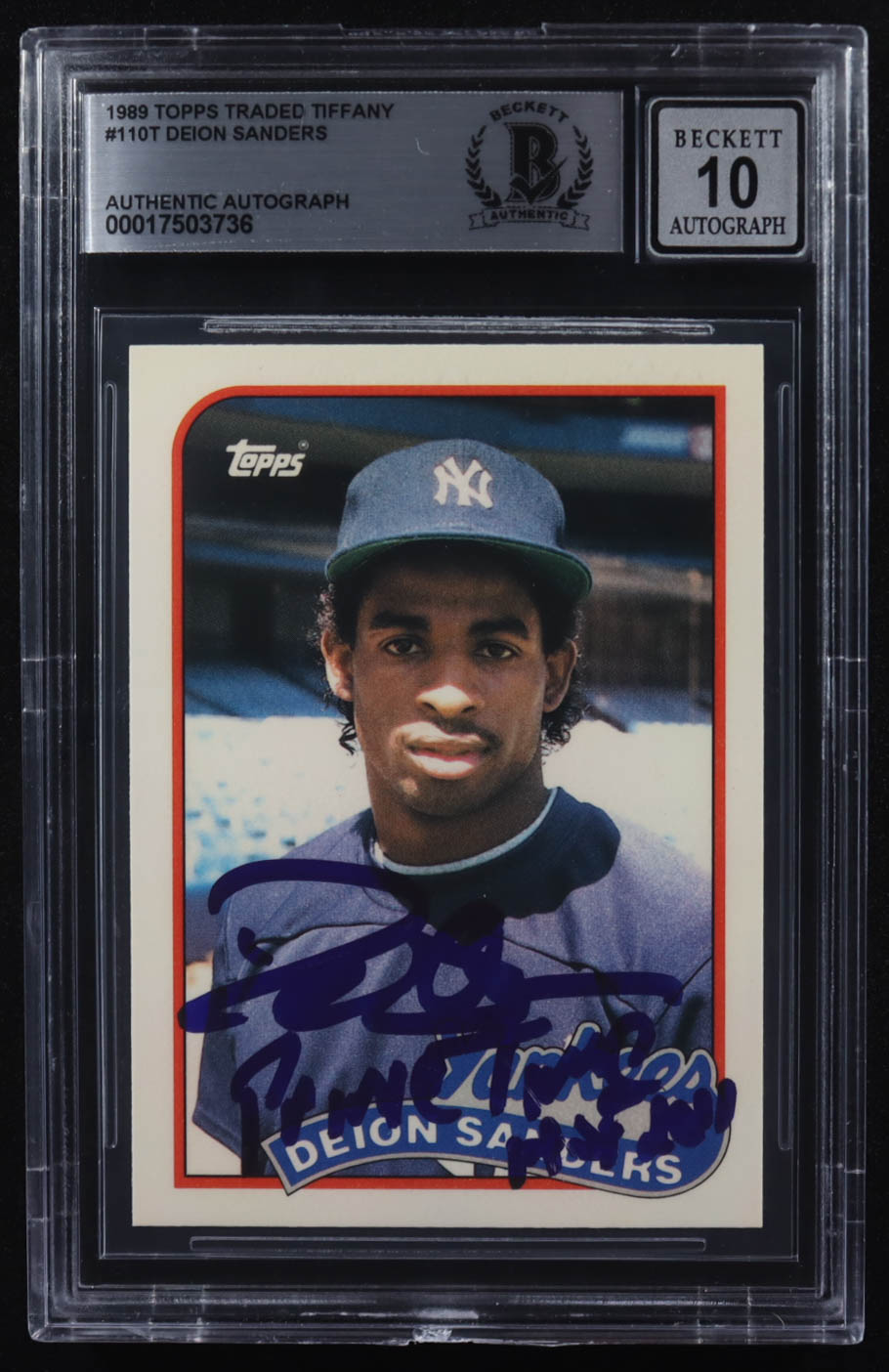 Deion Sanders Signed 1989 Topps Traded Tiffany #110T Inscribed "Prime Time HOF 2011" (BGS Encapsulated) at PristineAuction.com Deion Sanders Signed 1989 Topps Traded Tiffany #110T Inscribed "Prime Time HOF 2011" (BGS Encapsulated) at PristineAuction.com