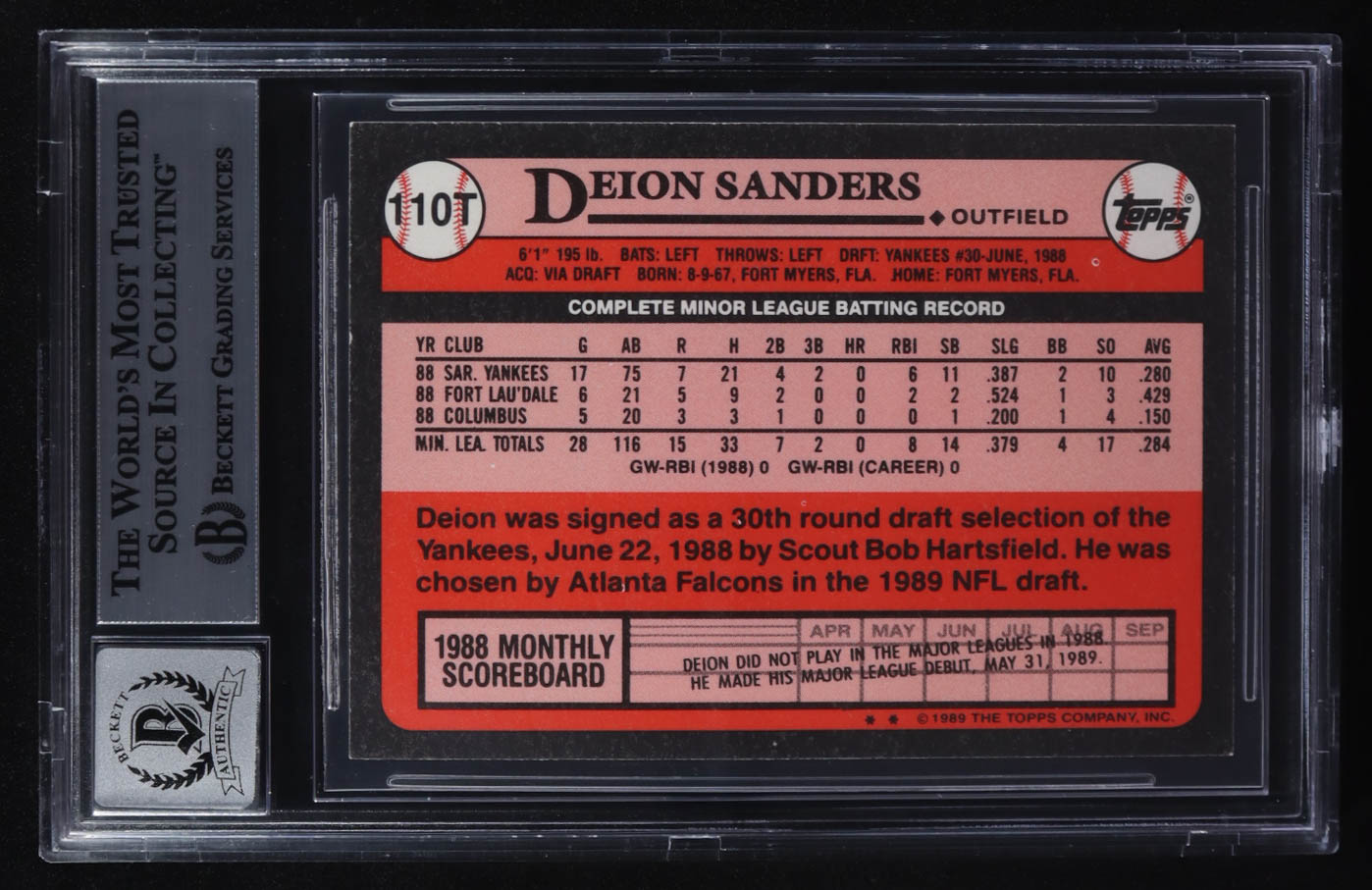 Deion Sanders Signed 1989 Topps Traded Tiffany #110T Inscribed "Prime Time HOF 2011" (BGS Encapsulated) at PristineAuction.com Deion Sanders Signed 1989 Topps Traded Tiffany #110T Inscribed "Prime Time HOF 2011" (BGS Encapsulated) at PristineAuction.com