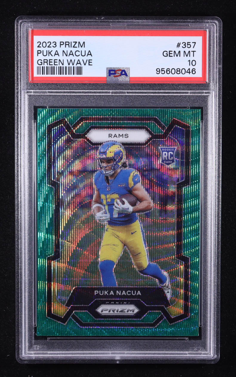 Puka Nacua 2023 Panini Prizm Prizms Green Wave #357 RC (PSA 10) at PristineAuction.com Puka Nacua 2023 Panini Prizm Prizms Green Wave #357 RC (PSA 10) at PristineAuction.com