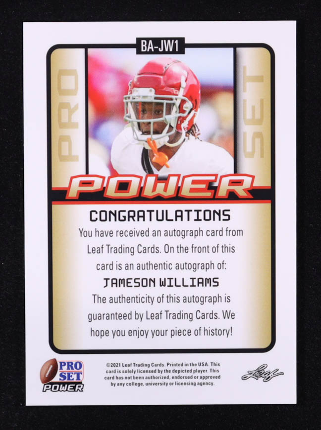 Jameson Williams 2021 Leaf Pro Set Power Autographs Spectrum Bronze Holofoil #BAJW1 RC at PristineAuction.com Jameson Williams 2021 Leaf Pro Set Power Autographs Spectrum Bronze Holofoil #BAJW1 RC at PristineAuction.com