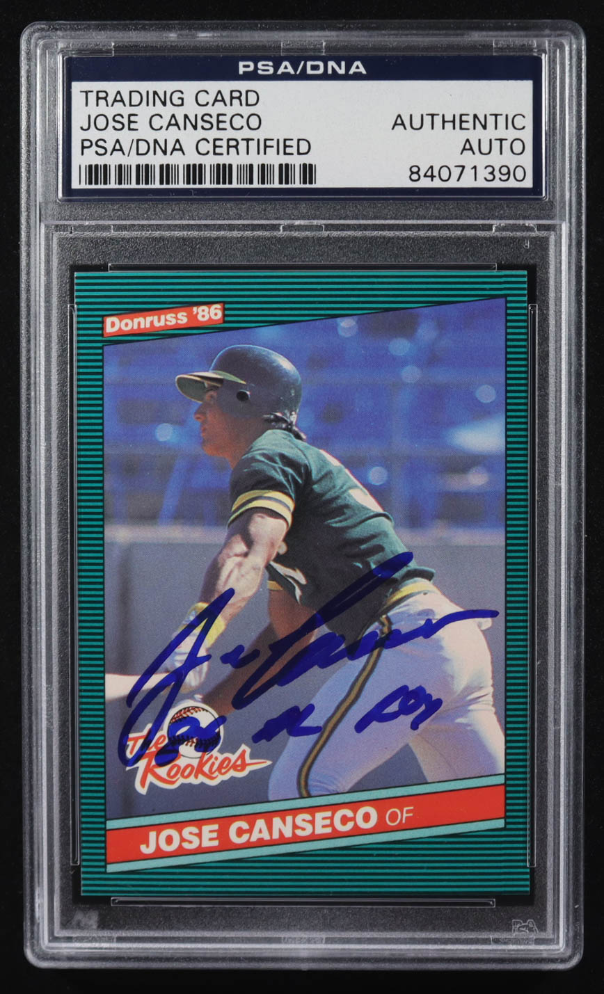 Jose Canseco Signed 1986 Donruss Rookies #22 RC Inscribed "86 AL ROY" (PSA Encapsulated) at PristineAuction.com Jose Canseco Signed 1986 Donruss Rookies #22 RC Inscribed "86 AL ROY" (PSA Encapsulated) at PristineAuction.com