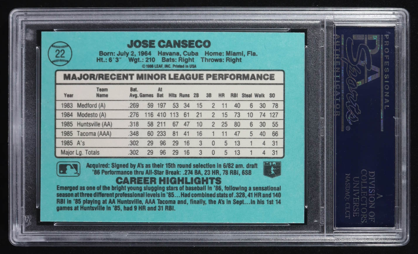 Jose Canseco Signed 1986 Donruss Rookies #22 RC Inscribed "86 AL ROY" (PSA Encapsulated) at PristineAuction.com Jose Canseco Signed 1986 Donruss Rookies #22 RC Inscribed "86 AL ROY" (PSA Encapsulated) at PristineAuction.com