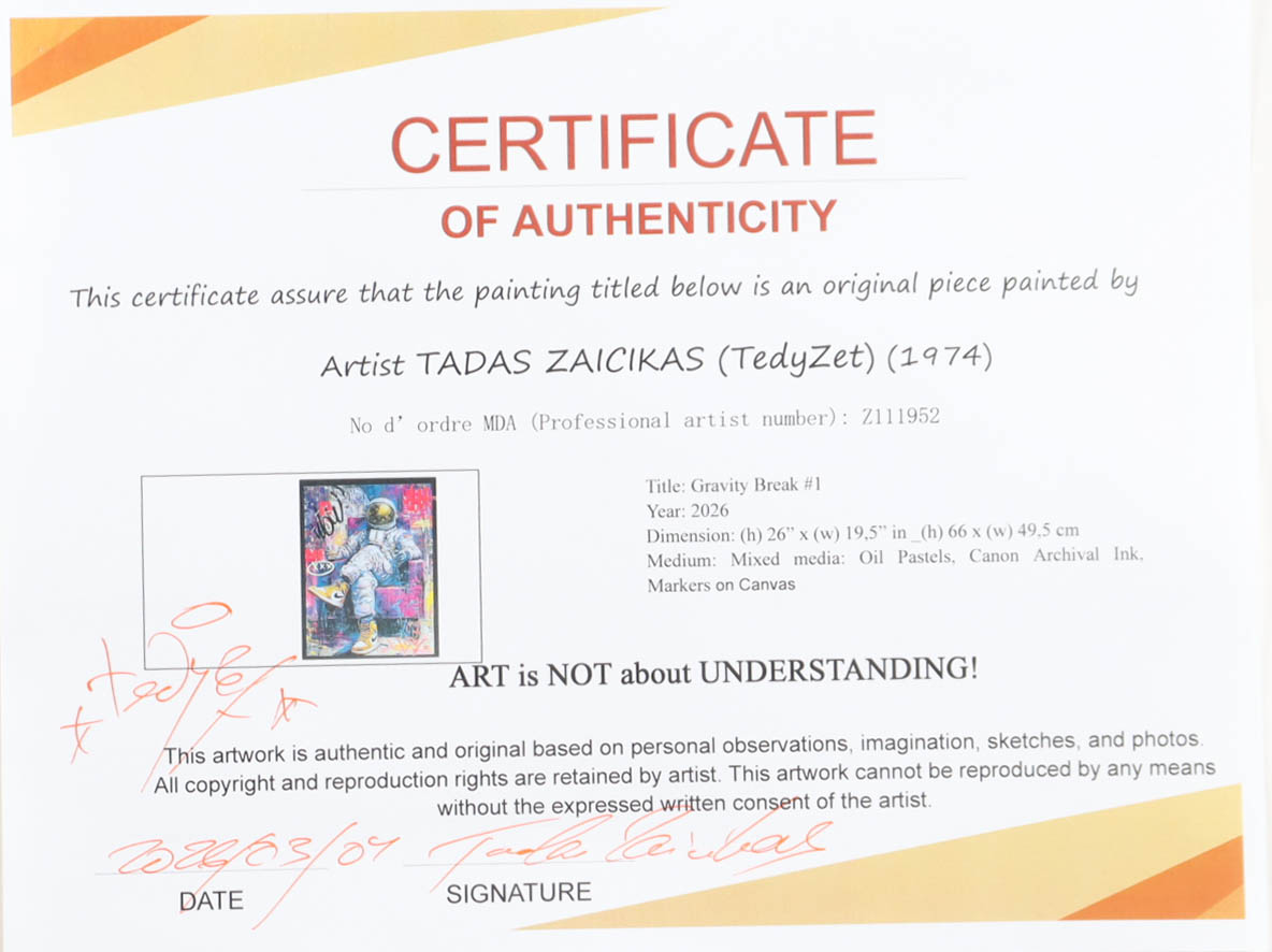 "Gravity Break #1" 2026 19x26 Original Painting on Canvas by Tadas Zaicikas | TedyZet (Zaicikas) at PristineAuction.com "Gravity Break #1" 2026 19x26 Original Painting on Canvas by Tadas Zaicikas | TedyZet (Zaicikas) at PristineAuction.com