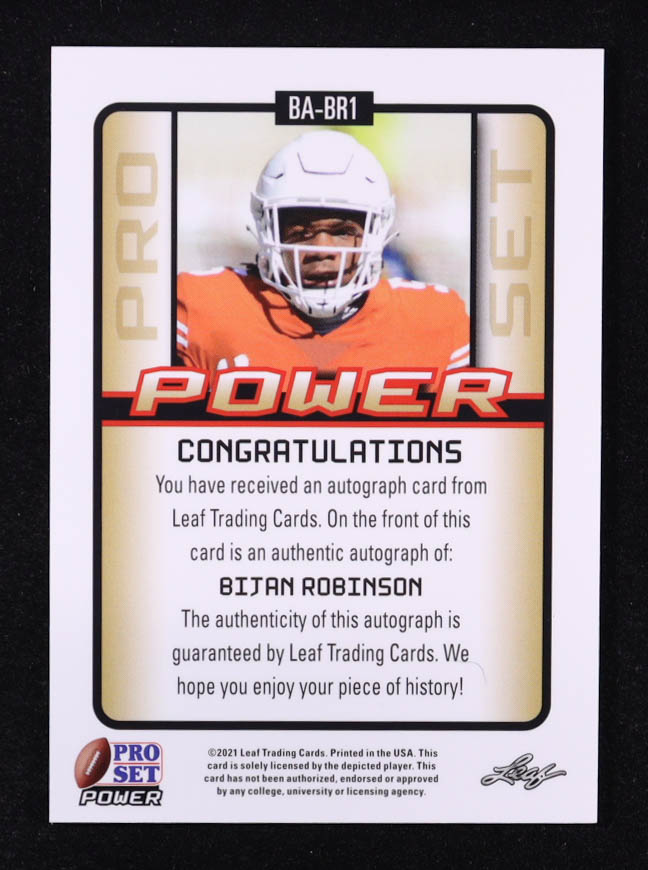 Bijan Robinson 2021 Leaf Pro Set Power Autographs Bronze Holofoil #BABR1 RC at PristineAuction.com Bijan Robinson 2021 Leaf Pro Set Power Autographs Bronze Holofoil #BABR1 RC at PristineAuction.com