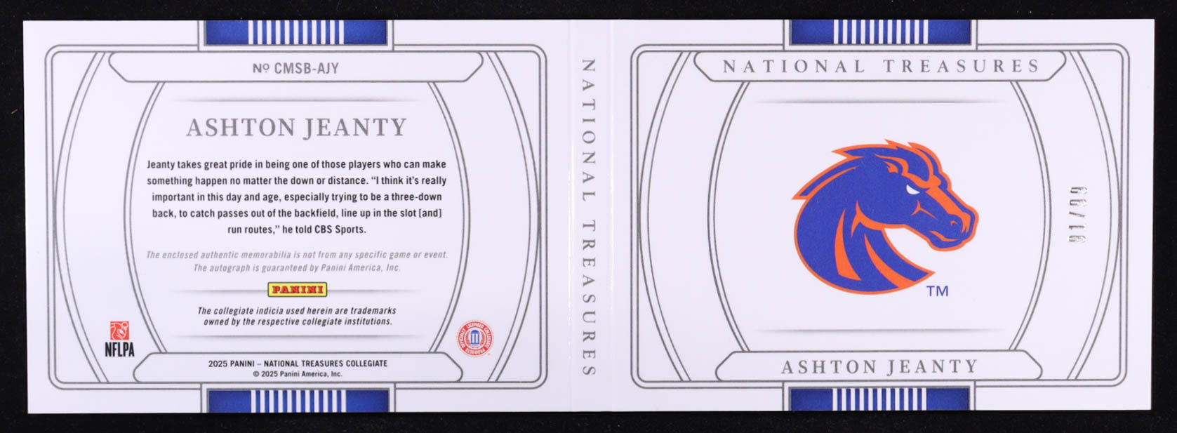 Ashton Jeanty 2025 Panini National Treasures Collegiate College Materials Signature Booklet #4 #91/99 RC at PristineAuction.com Ashton Jeanty 2025 Panini National Treasures Collegiate College Materials Signature Booklet #4 #91/99 RC at PristineAuction.com
