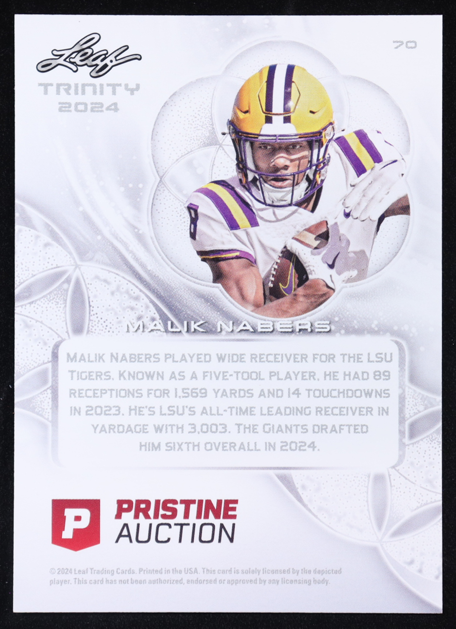 Malik Nabers 2024 Leaf Trinity x Pristine Bronze #70 RC at PristineAuction.com Malik Nabers 2024 Leaf Trinity x Pristine Bronze #70 RC at PristineAuction.com