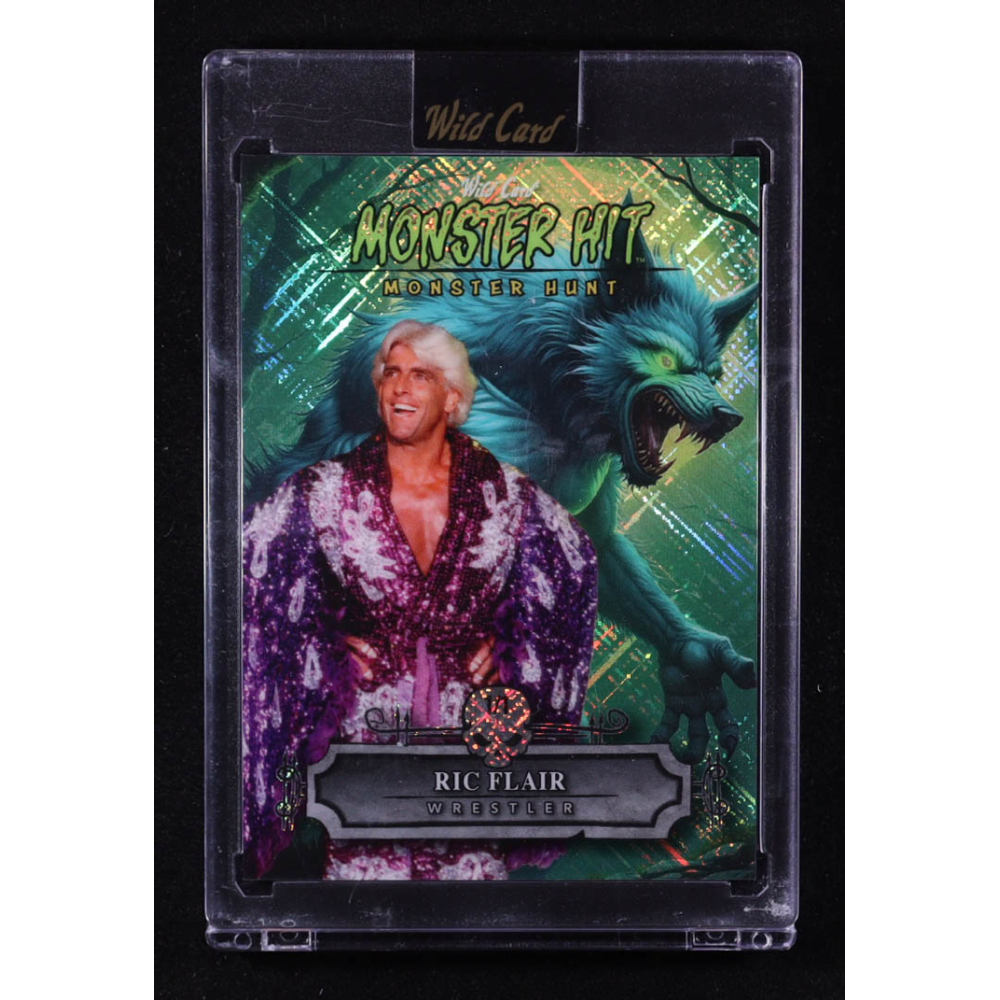Ric Flair 2025 Wild Card Monster Hit Monster Hunt Werewolf Green Cross Hatch Foil #MHWW-RF #1/1 at PristineAuction.com