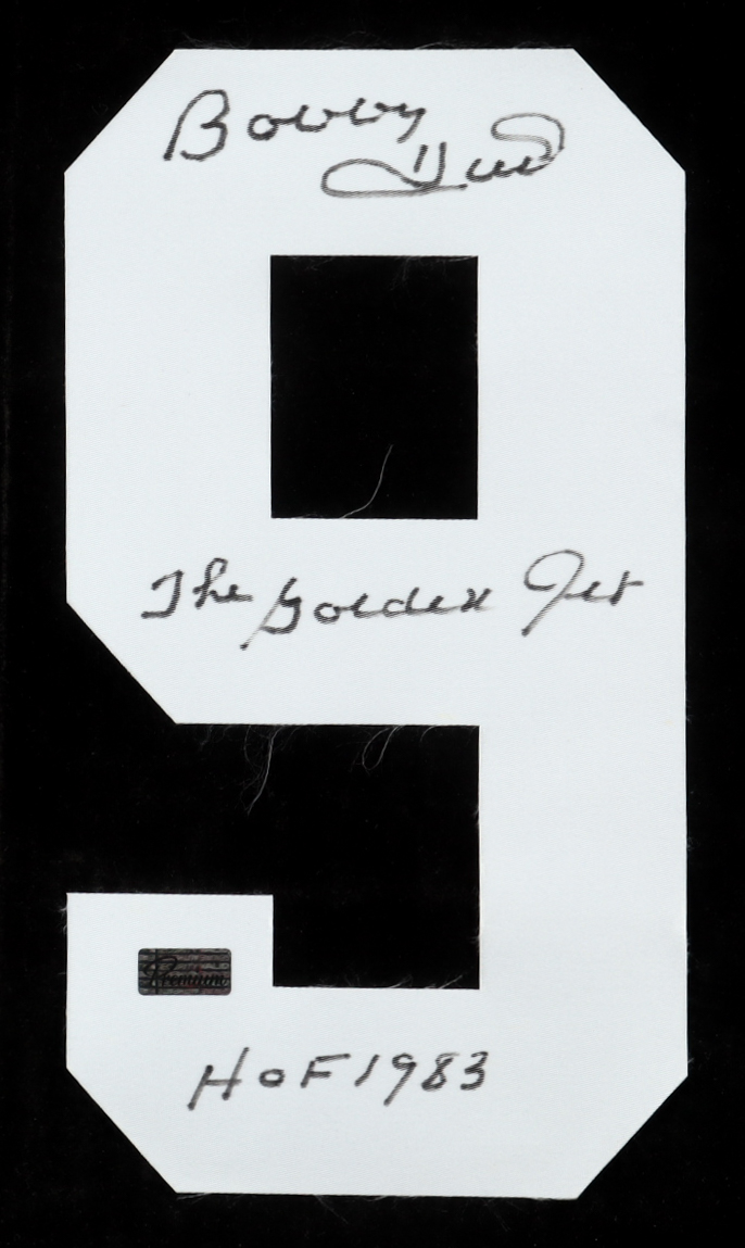 Bobby Hull Signed "9" Jersey Number Patch Inscribed "The Golden Jet" & "HOF 1983" (Premium Autographs) at PristineAuction.com Bobby Hull Signed "9" Jersey Number Patch Inscribed "The Golden Jet" & "HOF 1983" (Premium Autographs) at PristineAuction.com