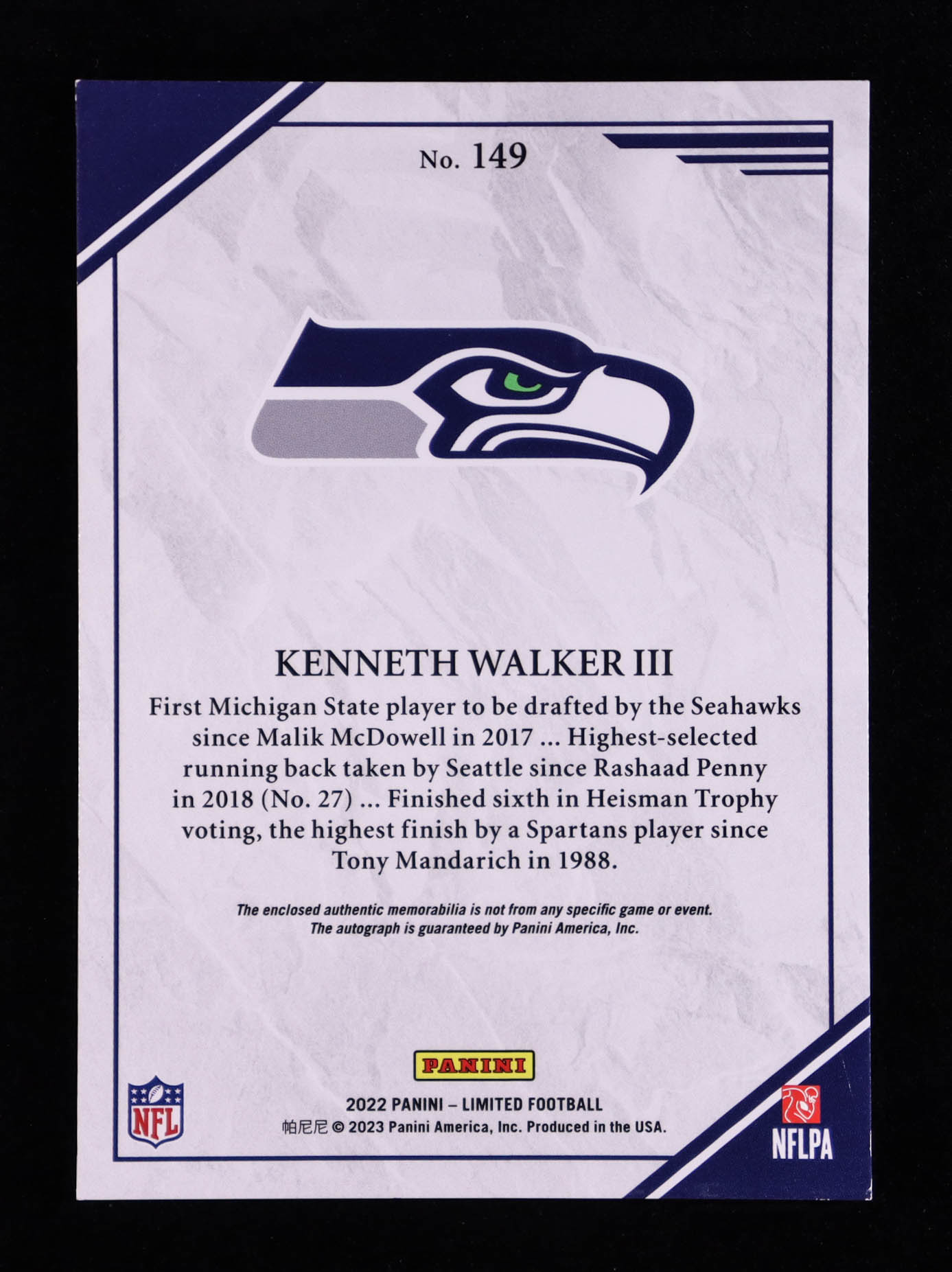 Kenneth Walker III 2022 Limited #149 JSY AU RC #78/99 at PristineAuction.com Kenneth Walker III 2022 Limited #149 JSY AU RC #78/99 at PristineAuction.com