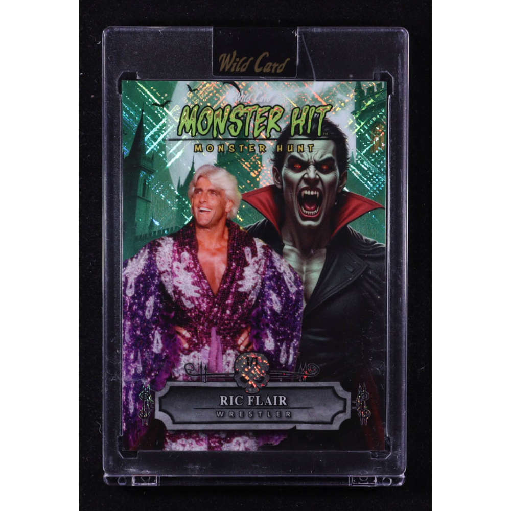 Ric Flair 2025 Wild Card Monster Hit Monster Hunt Count Dracula Green Cross Hatch Foil #MHCD-RF #1/1 at PristineAuction.com