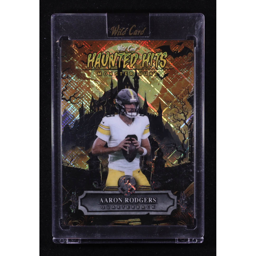 Aaron Rodgers 2025 Wild Card Haunted Hits Monster Hunt Creepy Castle Yellow Cross Hatch Foil #HHCCAR #1/2 at PristineAuction.com