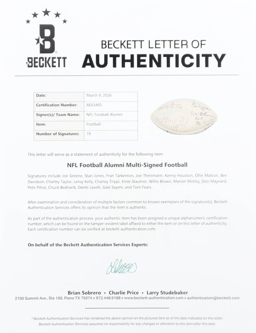 NFL Alumni Football Signed By (19) with Joe Greene, Stan Jones, Fran Tarkenton, Joe Theismann (Beckett) at PristineAuction.com NFL Alumni Football Signed By (19) with Joe Greene, Stan Jones, Fran Tarkenton, Joe Theismann (Beckett) at PristineAuction.com