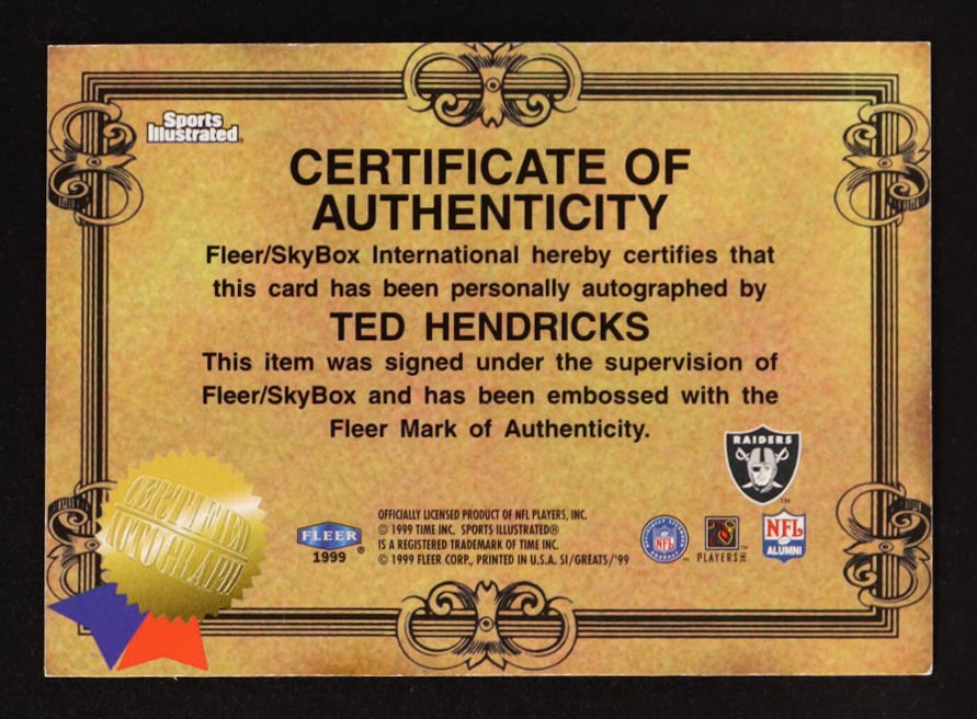 Ted Hendricks 1999 Sports Illustrated Greats of the Game Autographs #NNO at PristineAuction.com Ted Hendricks 1999 Sports Illustrated Greats of the Game Autographs #NNO at PristineAuction.com
